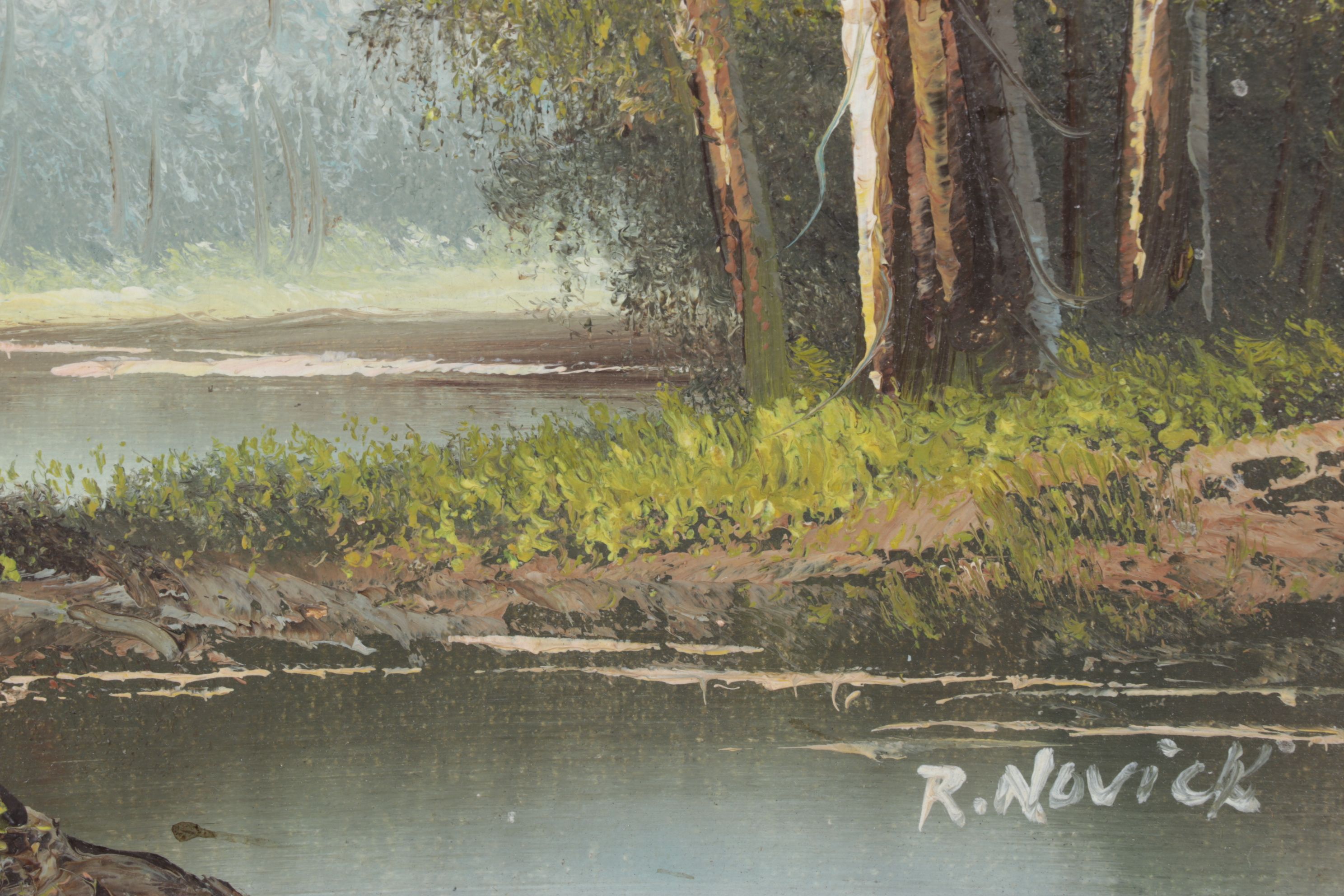 R. Novick Impressionist Lake Landscape Oil Painting, Mid to Late 20th Century