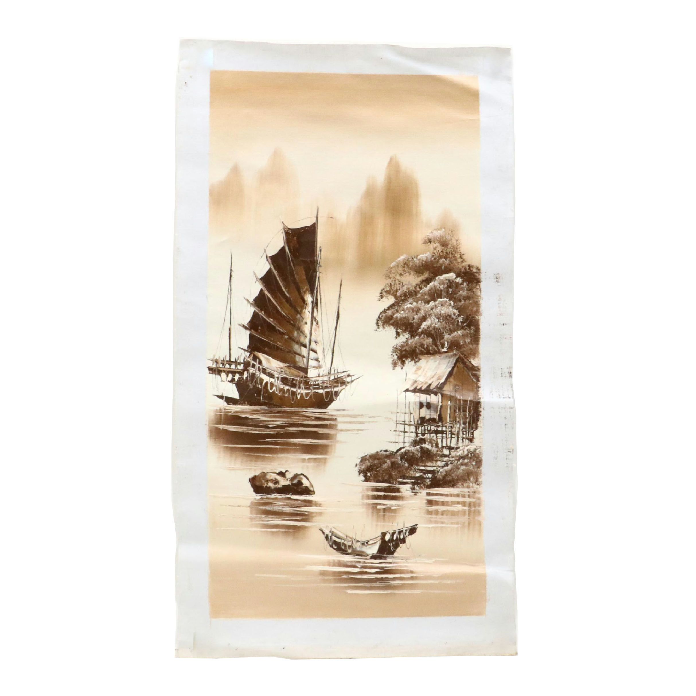 Chinese Lake Scene Oil Painting, Mid-20th Century