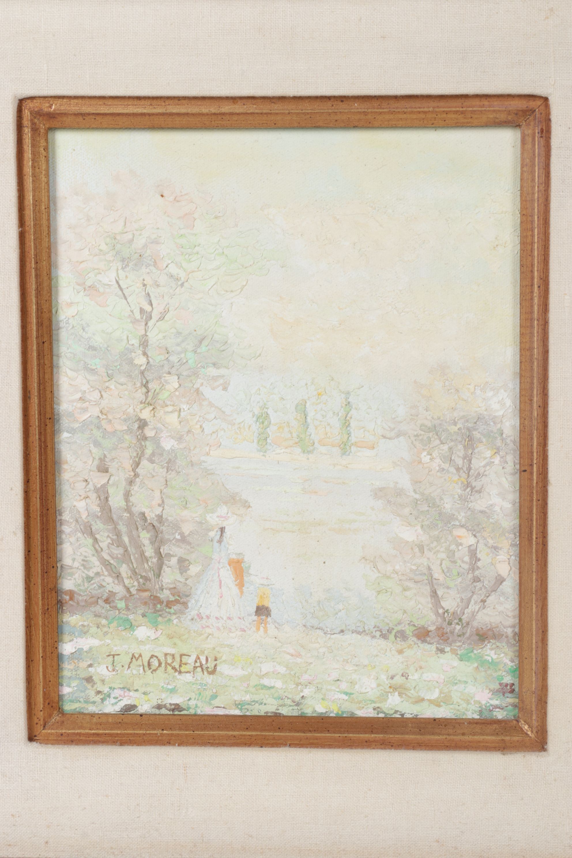 J. Moreau Pastel Impressionist Oil Painting of Two Figures Near a Shrouded Lake