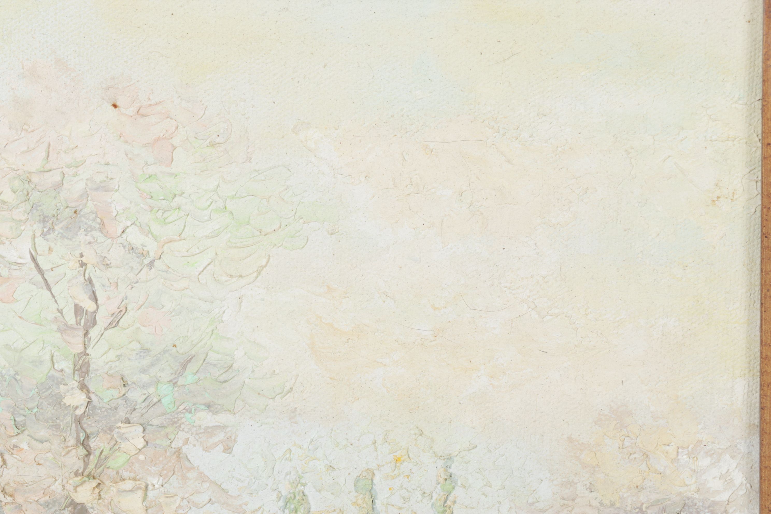 J. Moreau Pastel Impressionist Oil Painting of Two Figures Near a Shrouded Lake