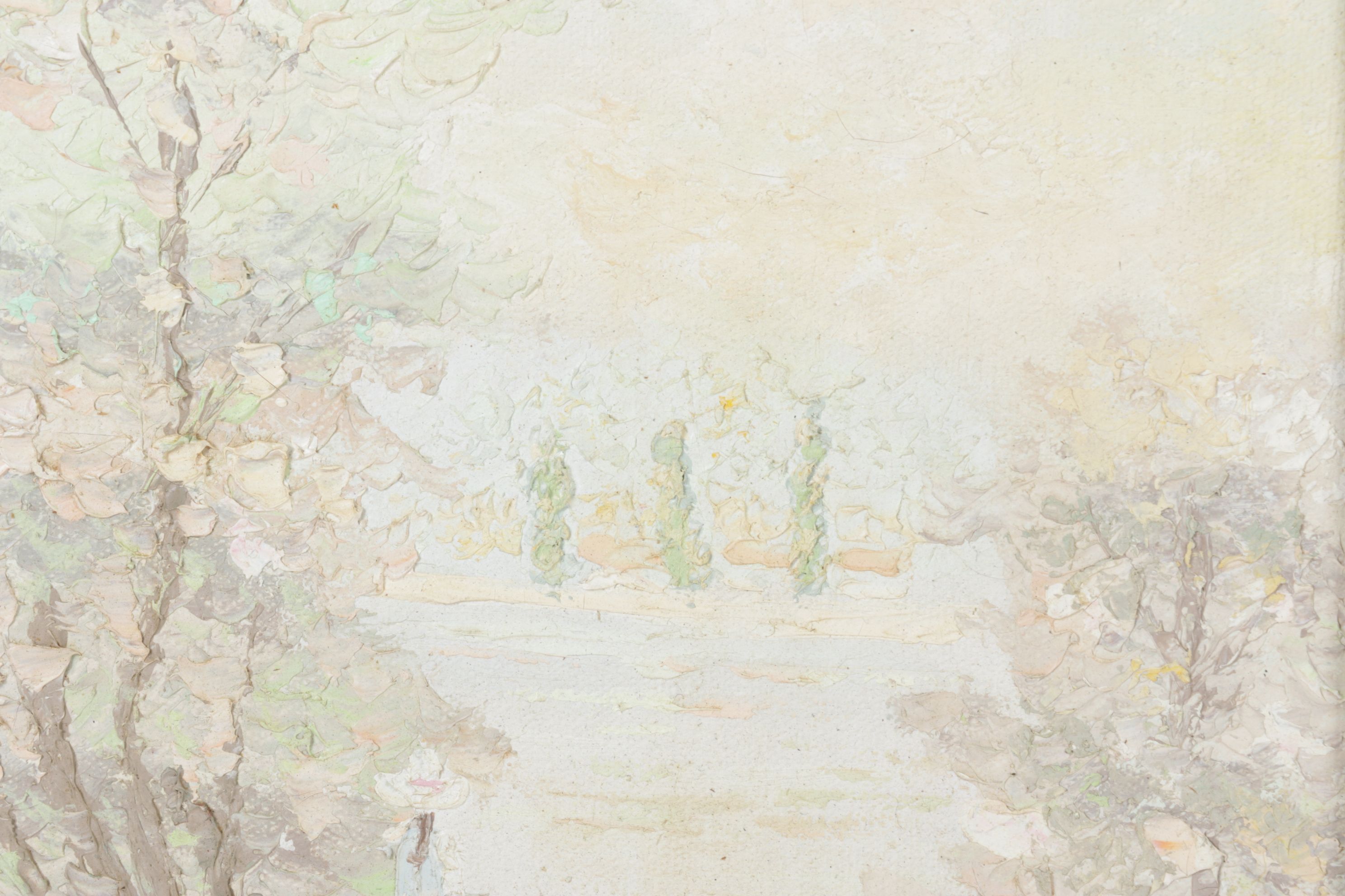 J. Moreau Pastel Impressionist Oil Painting of Two Figures Near a Shrouded Lake