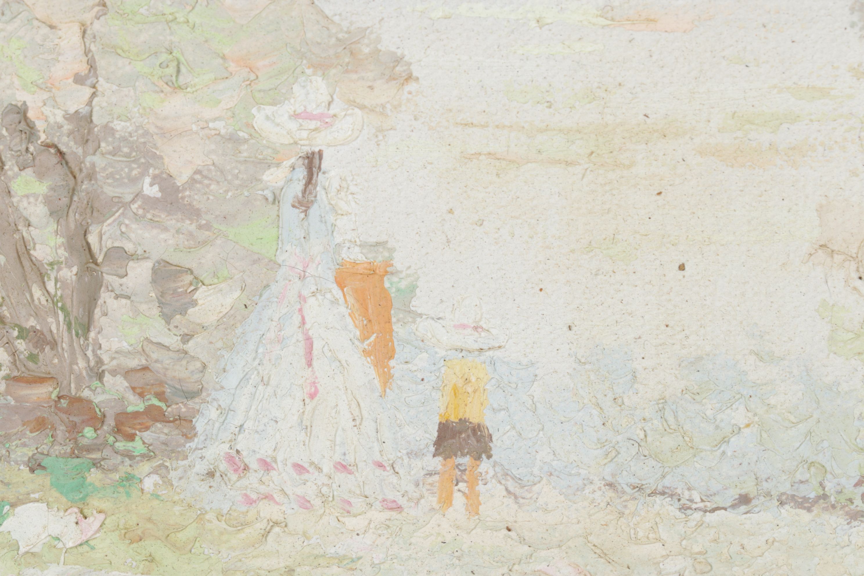 J. Moreau Pastel Impressionist Oil Painting of Two Figures Near a Shrouded Lake