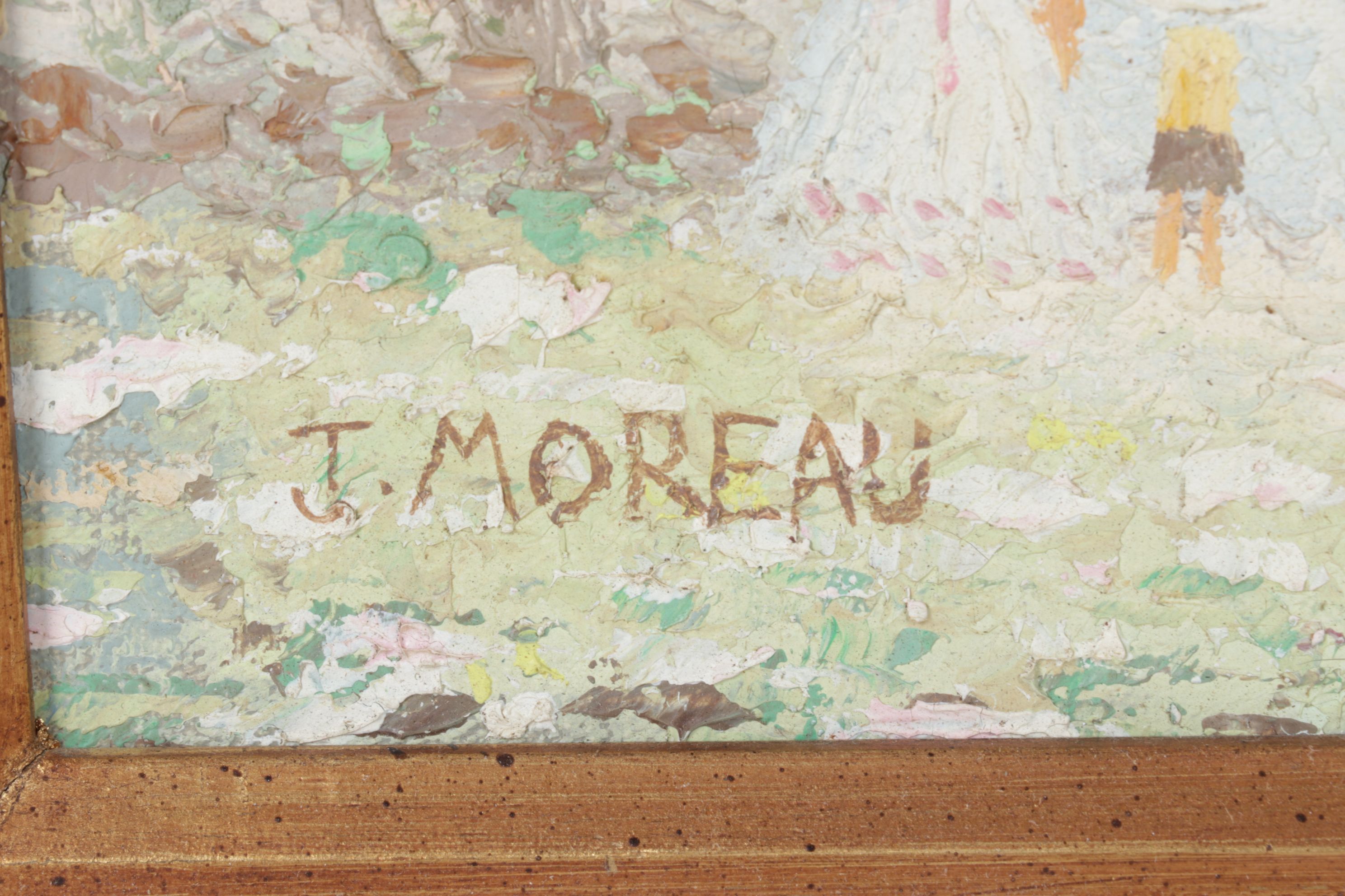 J. Moreau Pastel Impressionist Oil Painting of Two Figures Near a Shrouded Lake