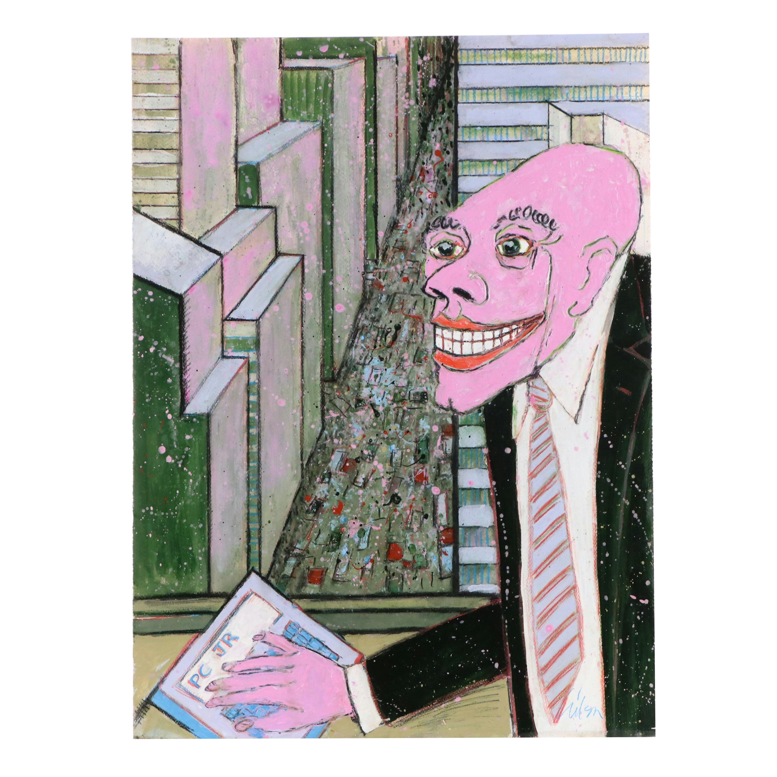 Harry Hilson Acrylic Painting of Politician Caricature, Late 20th Century