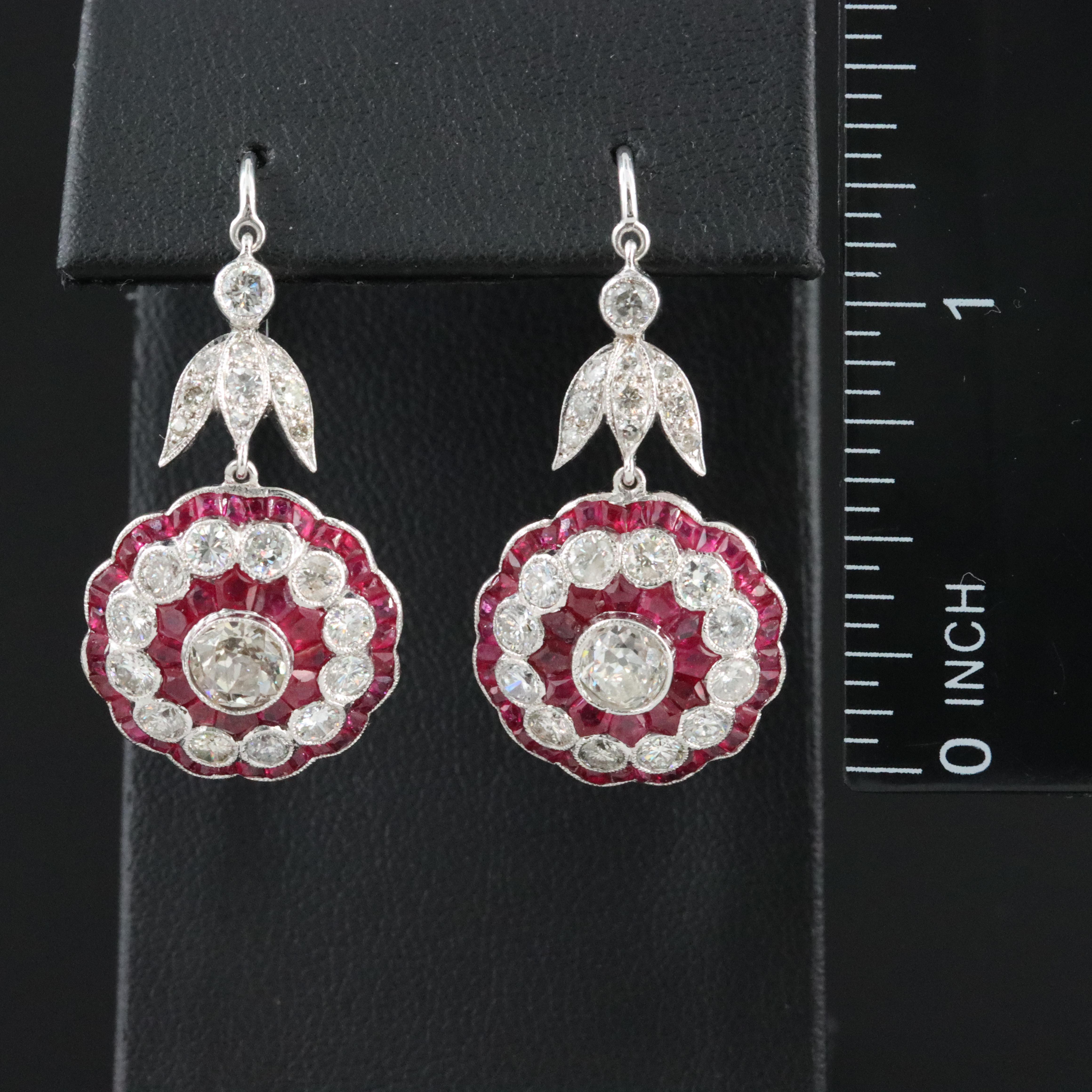 Art Deco 18K 3.09 CTW Diamond and Ruby Floral Earrings