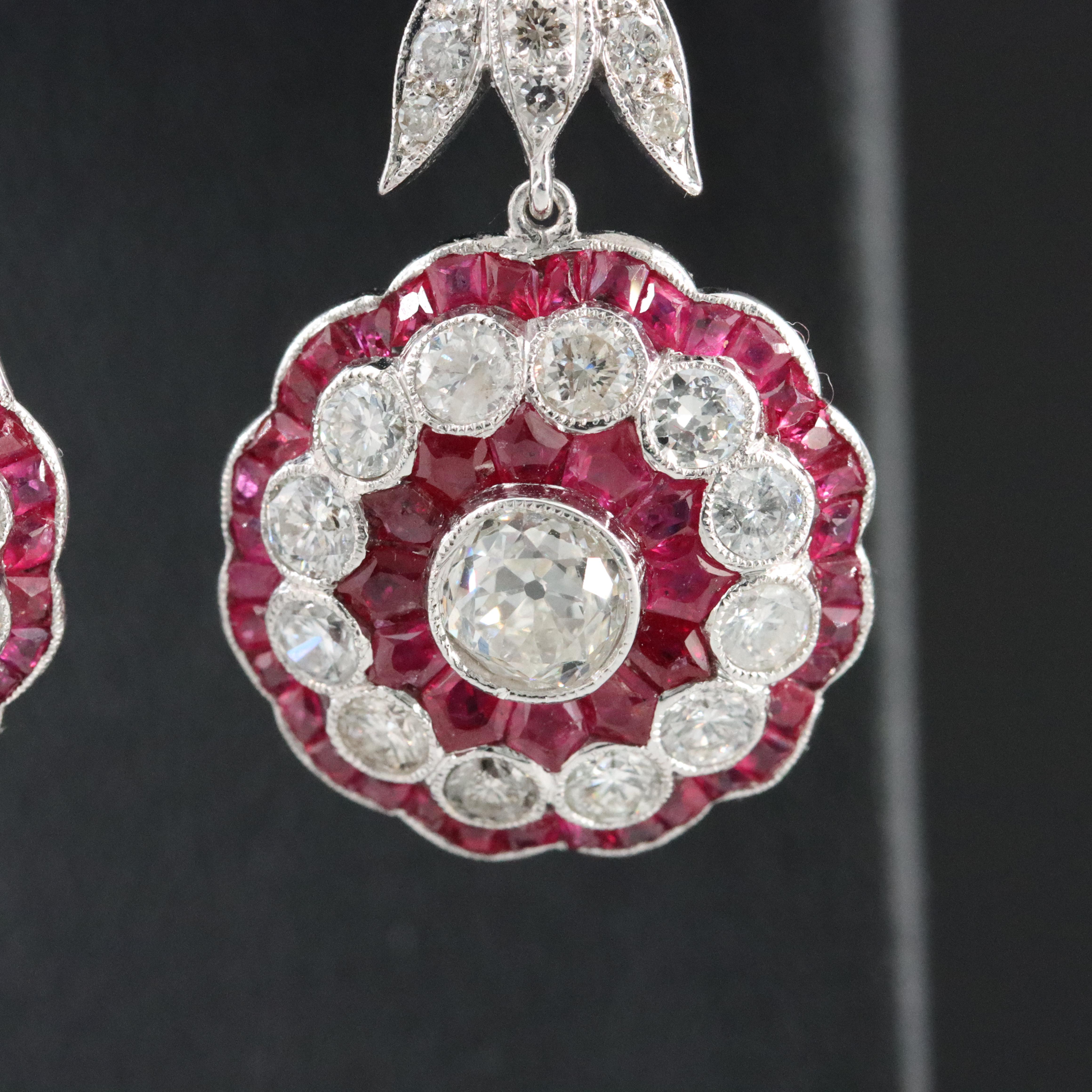 Art Deco 18K 3.09 CTW Diamond and Ruby Floral Earrings