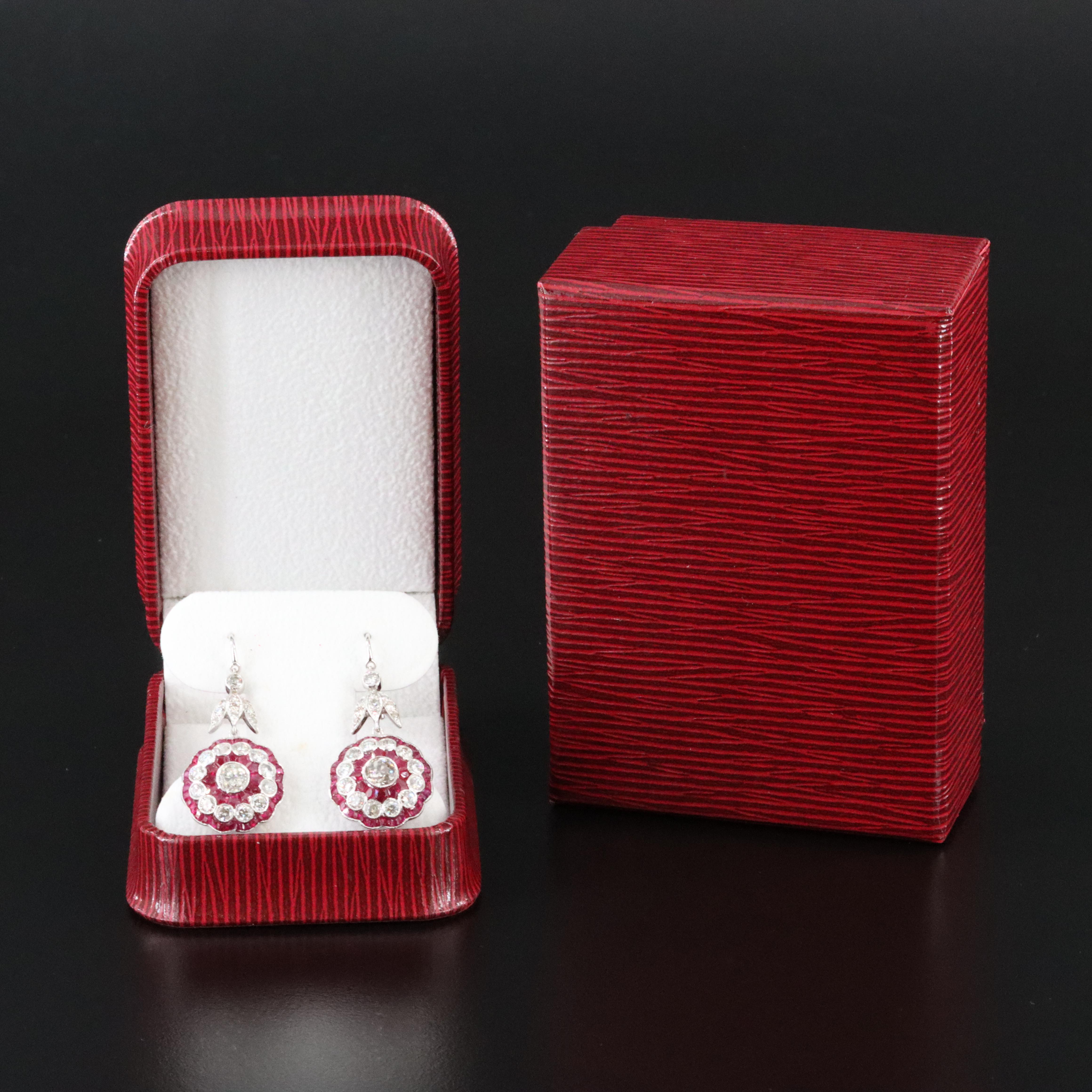 Art Deco 18K 3.09 CTW Diamond and Ruby Floral Earrings