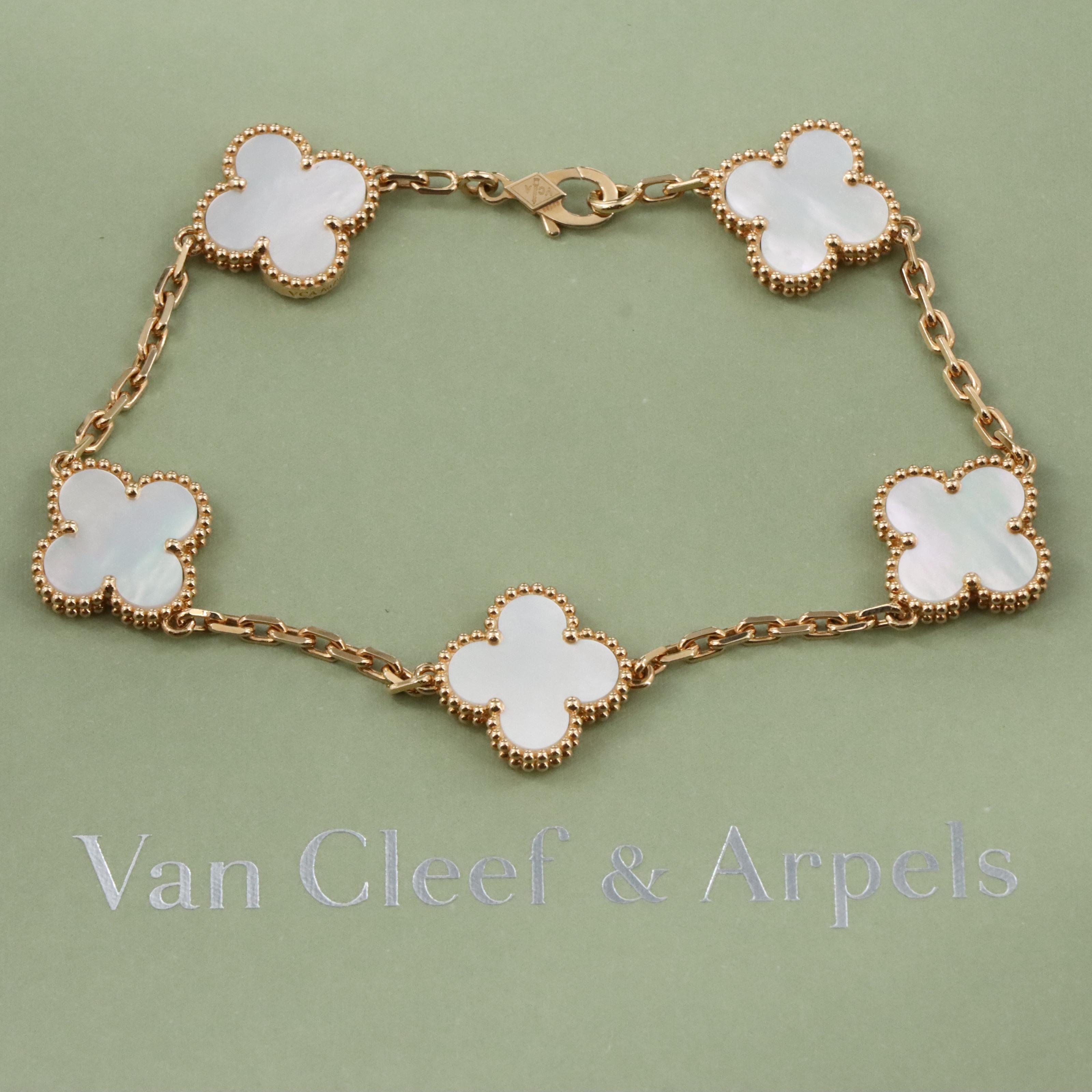 Van Cleef & Arpels Vintage Alhambra 18K Mother of Pearl Bracelet 5 Motifs