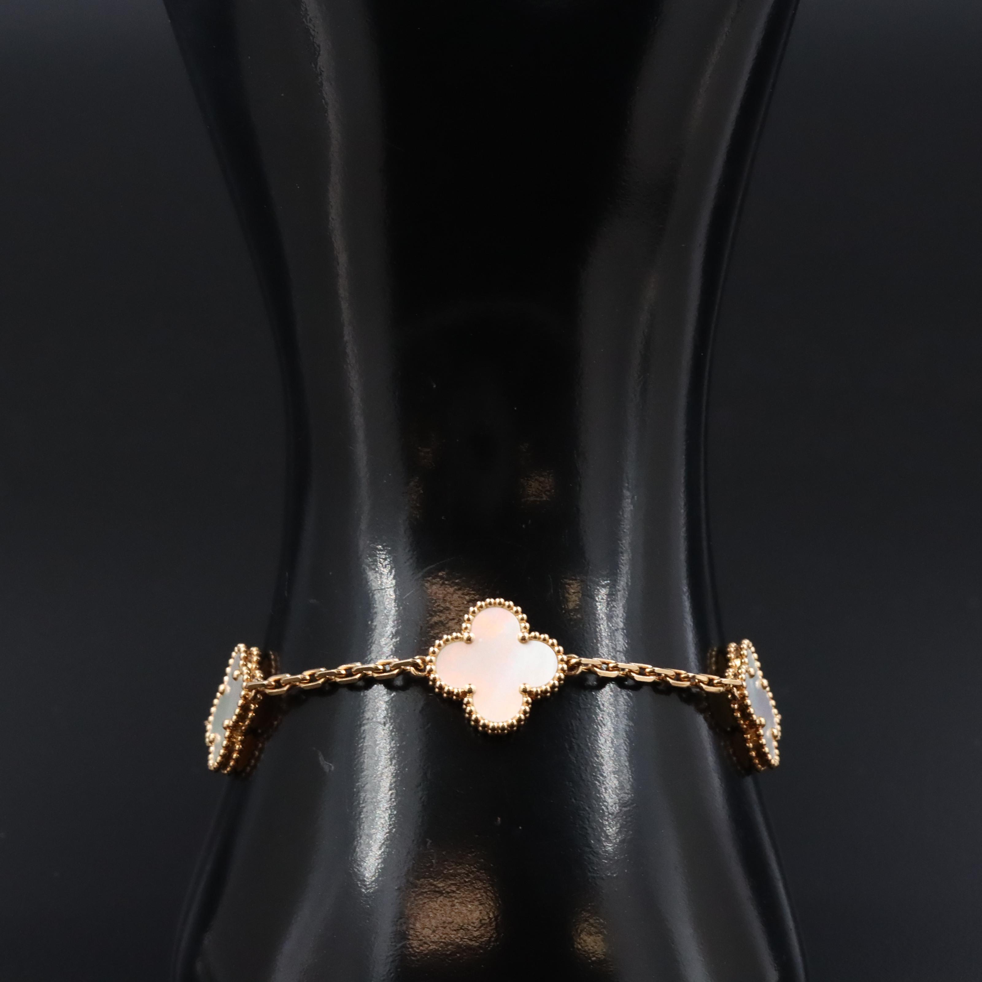 Van Cleef & Arpels Vintage Alhambra 18K Mother of Pearl Bracelet 5 Motifs