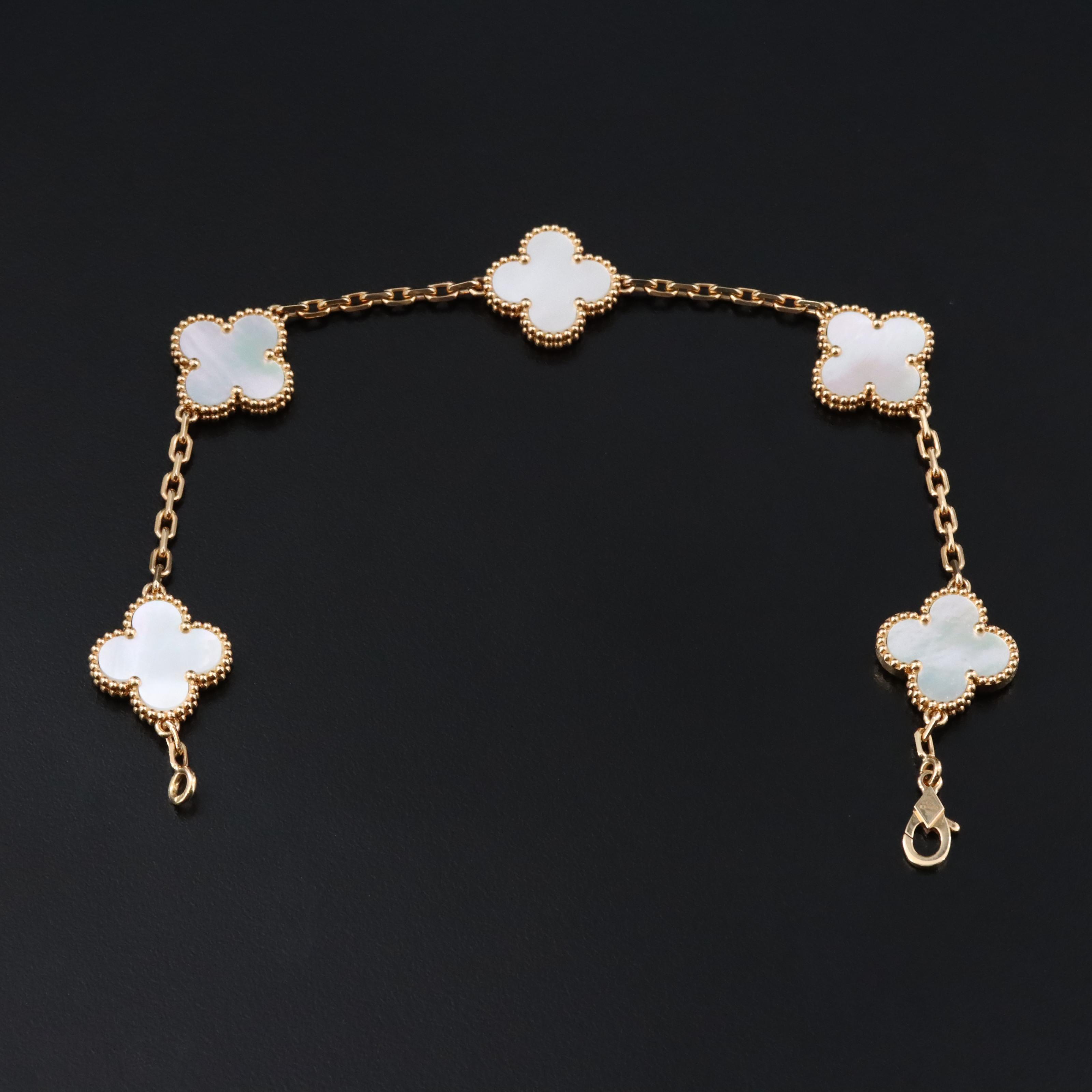 Van Cleef & Arpels Vintage Alhambra 18K Mother of Pearl Bracelet 5 Motifs