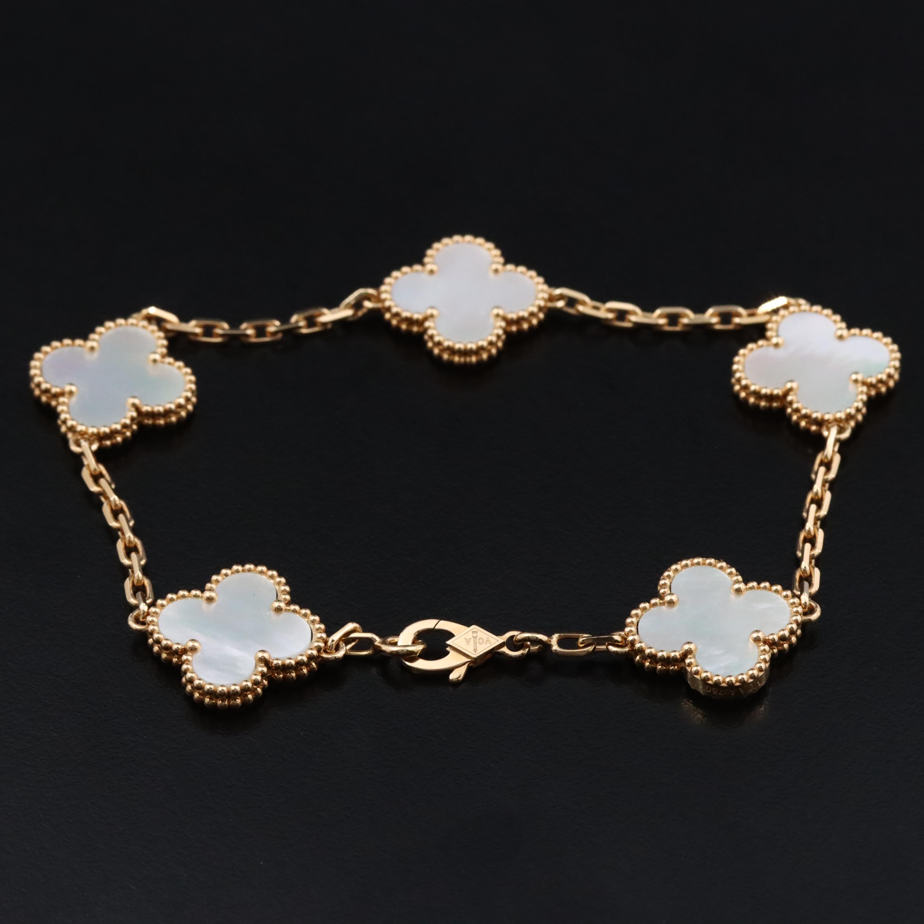 Van Cleef & Arpels Vintage Alhambra 18K Mother of Pearl Bracelet 5 Motifs