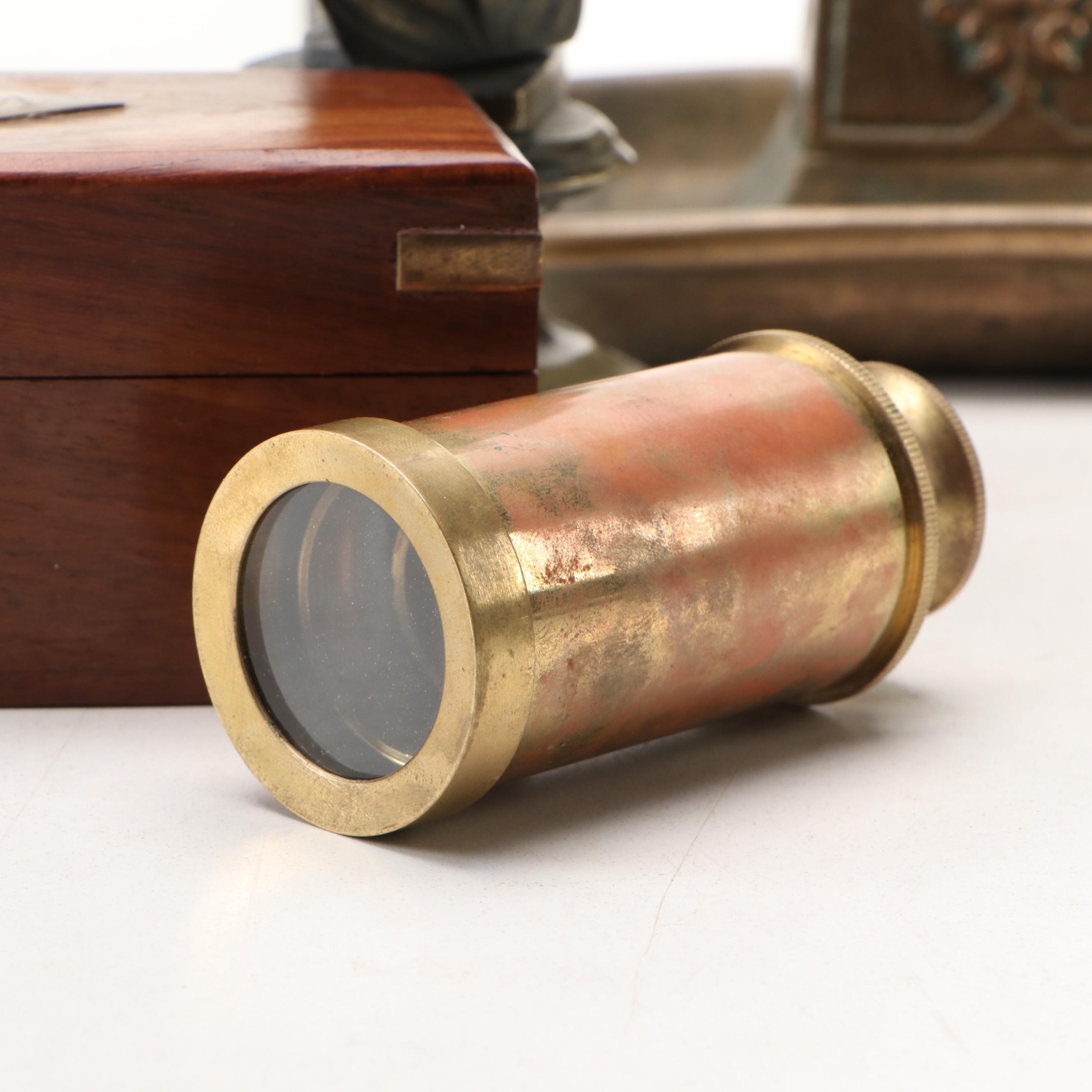 Hotel Oakland Matchbox Holder and Ashtray with Spyglass and Other Brass Décor