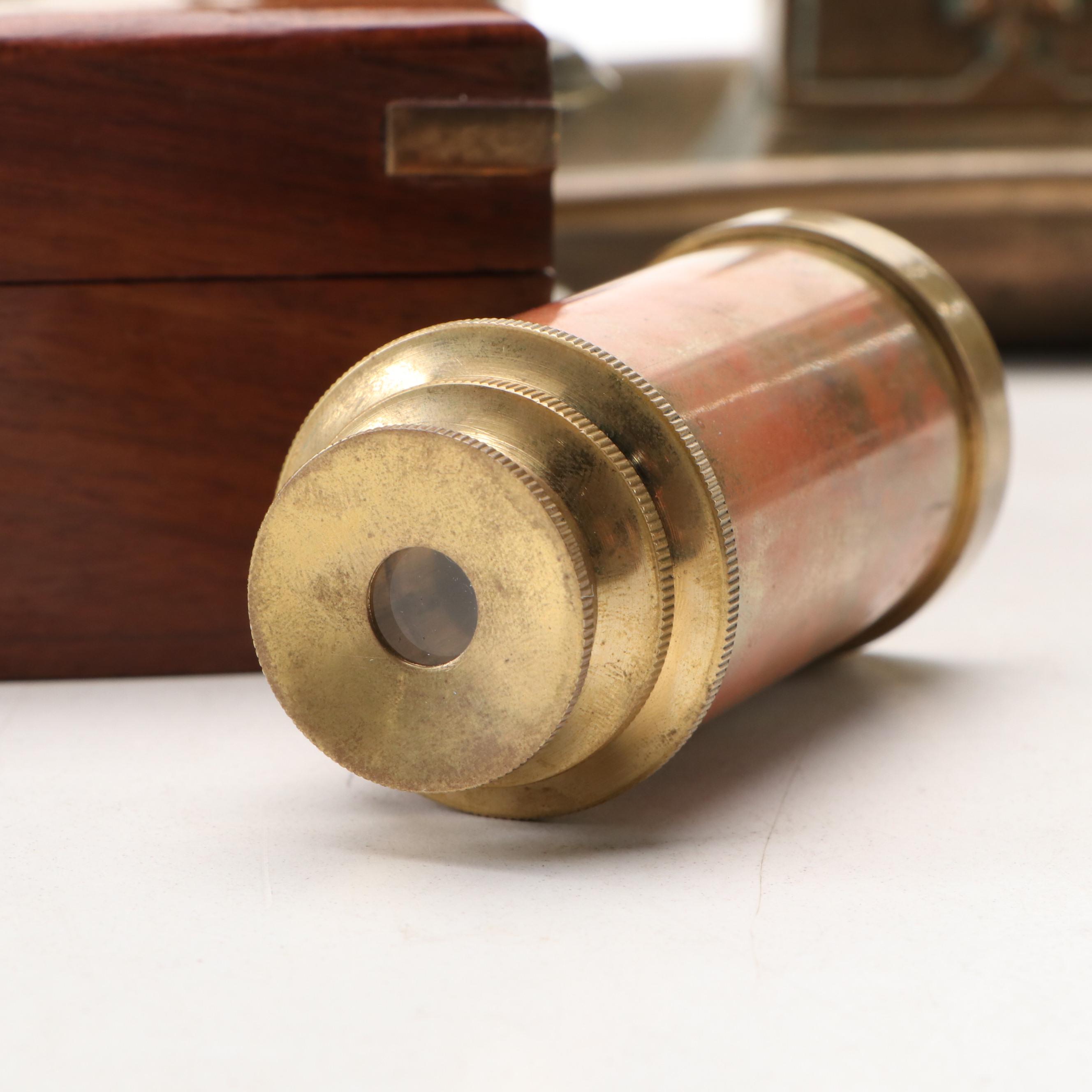 Hotel Oakland Matchbox Holder and Ashtray with Spyglass and Other Brass Décor
