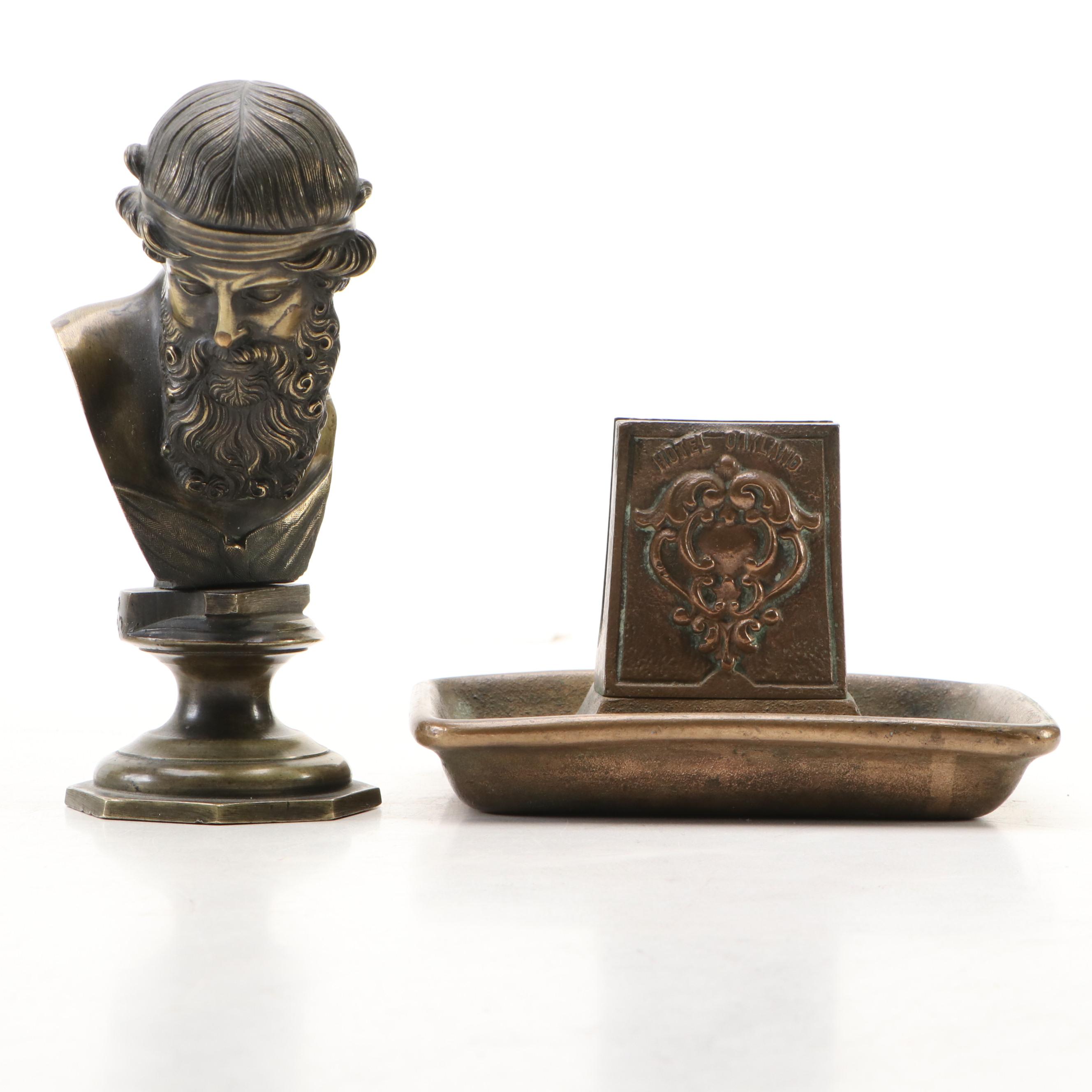 Hotel Oakland Matchbox Holder and Ashtray with Spyglass and Other Brass Décor