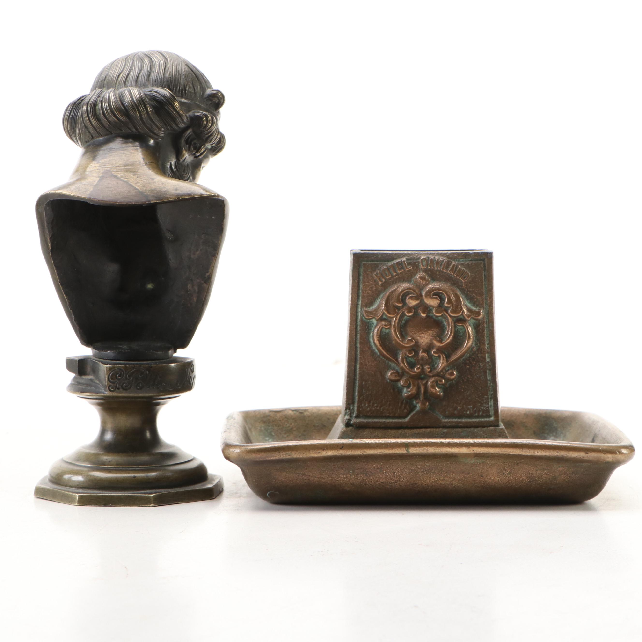 Hotel Oakland Matchbox Holder and Ashtray with Spyglass and Other Brass Décor