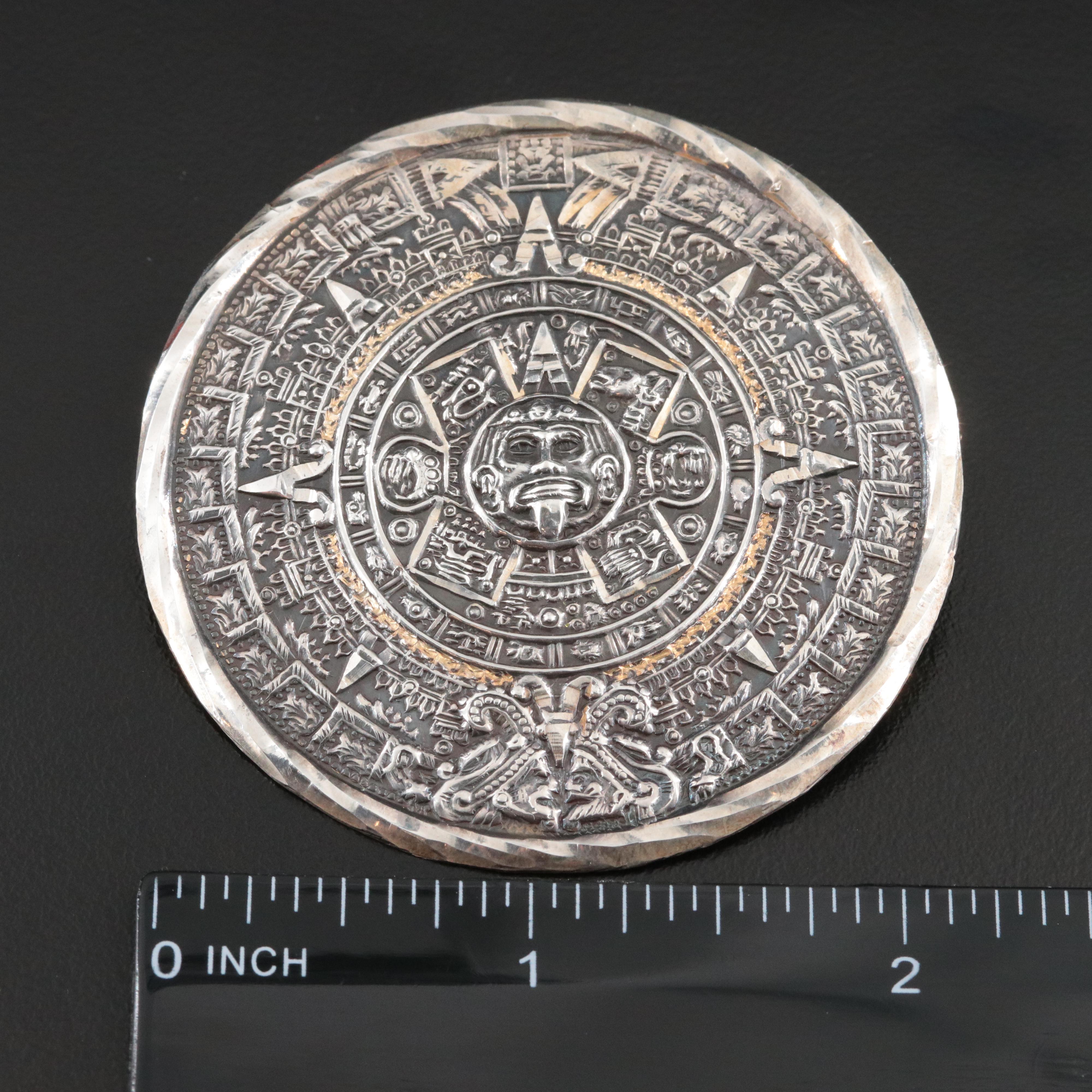 Mexican Sterling Mayan Calendar Brooch and Amber Necklace