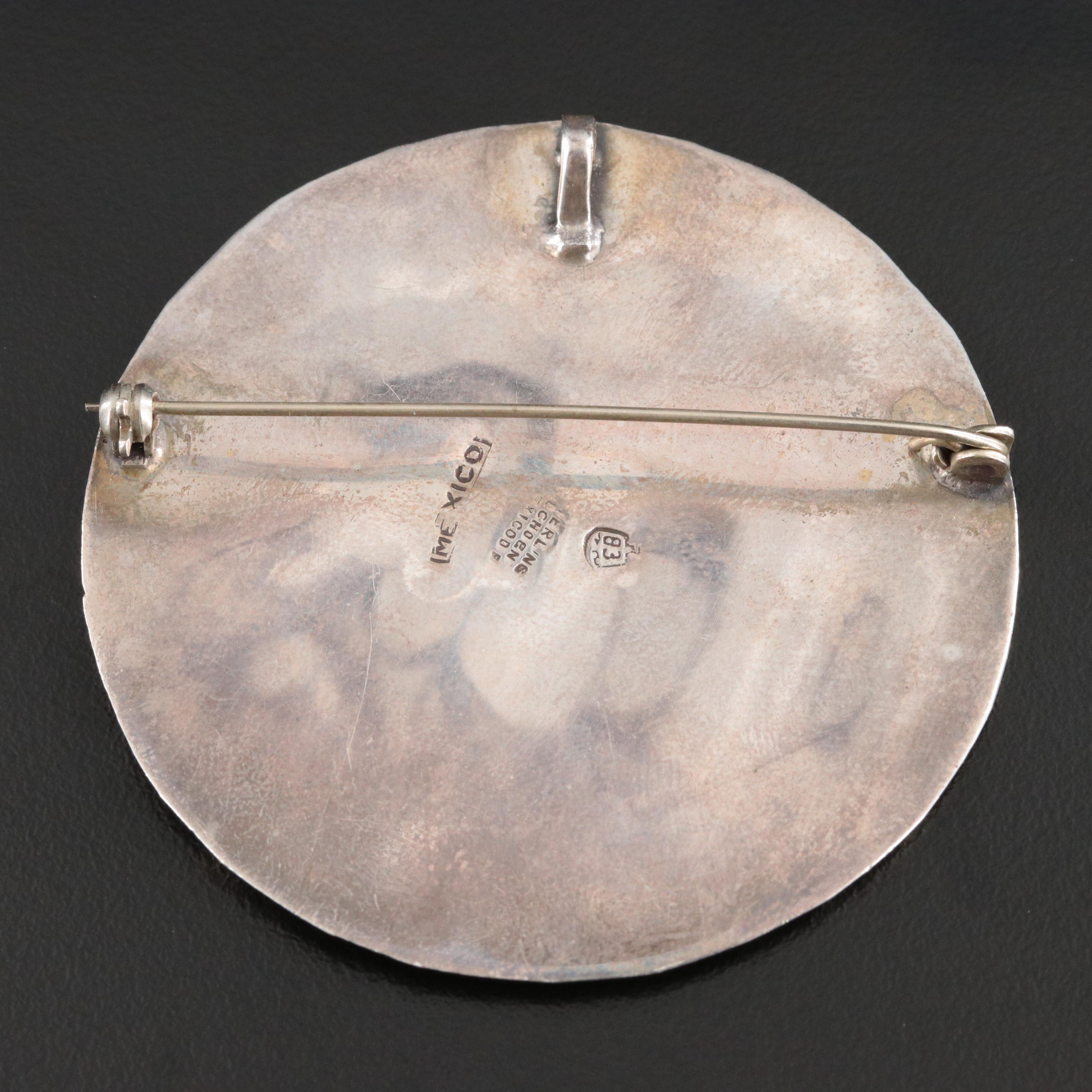 Mexican Sterling Mayan Calendar Brooch and Amber Necklace