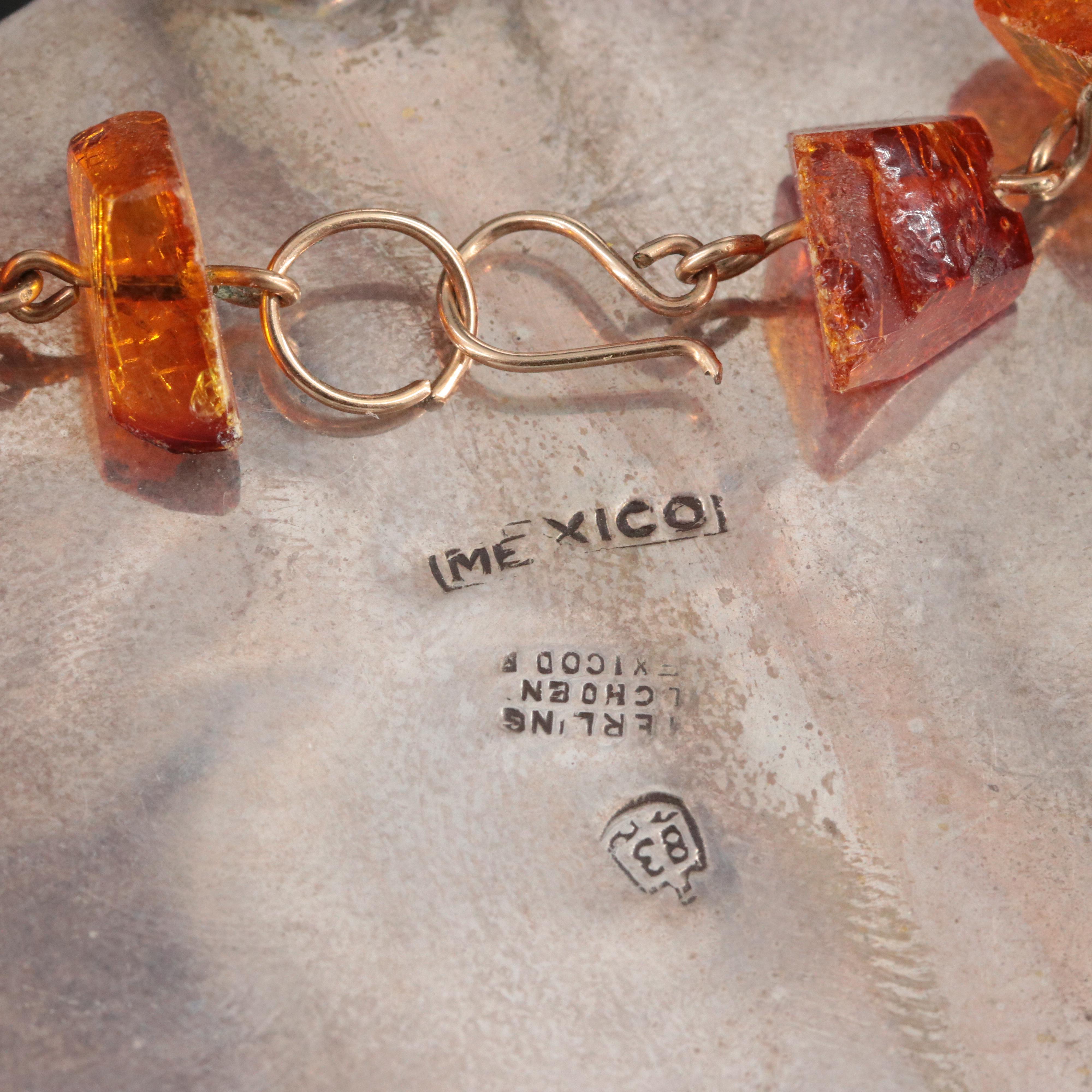 Mexican Sterling Mayan Calendar Brooch and Amber Necklace