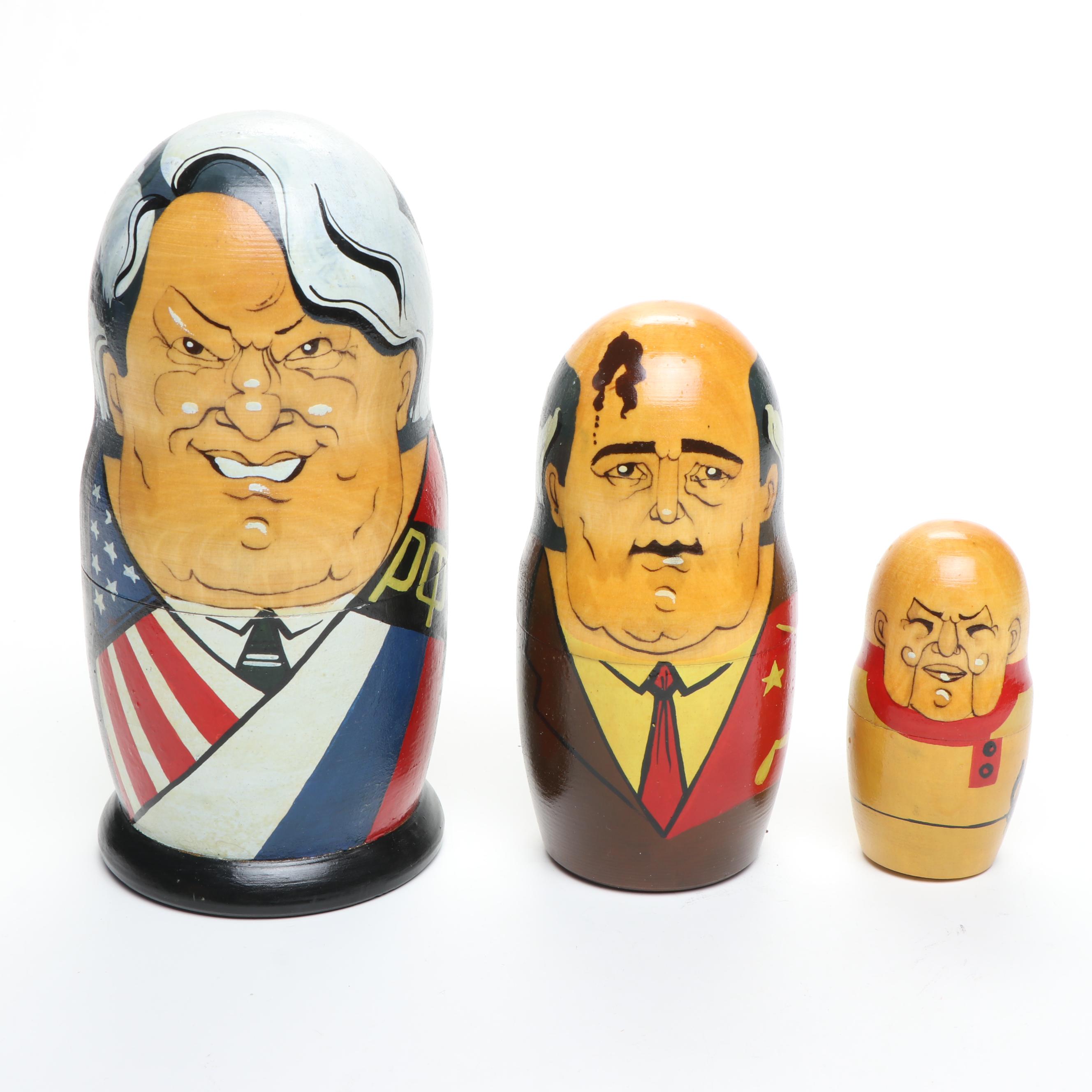 Russian Politician Wooden Matryoshka Dolls, Early 21st C.
