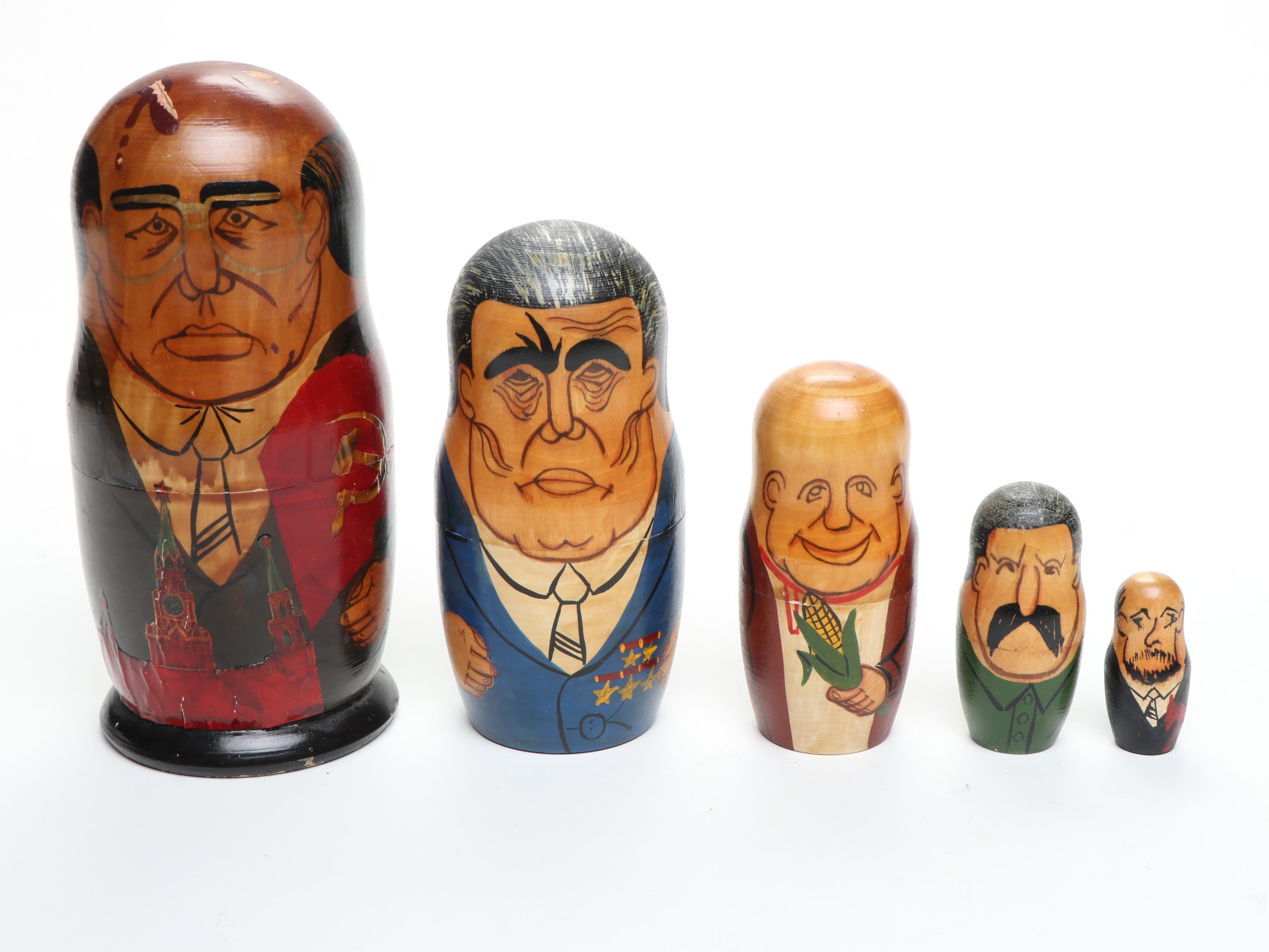 Russian Politician Wooden Matryoshka Dolls, Early 21st C.