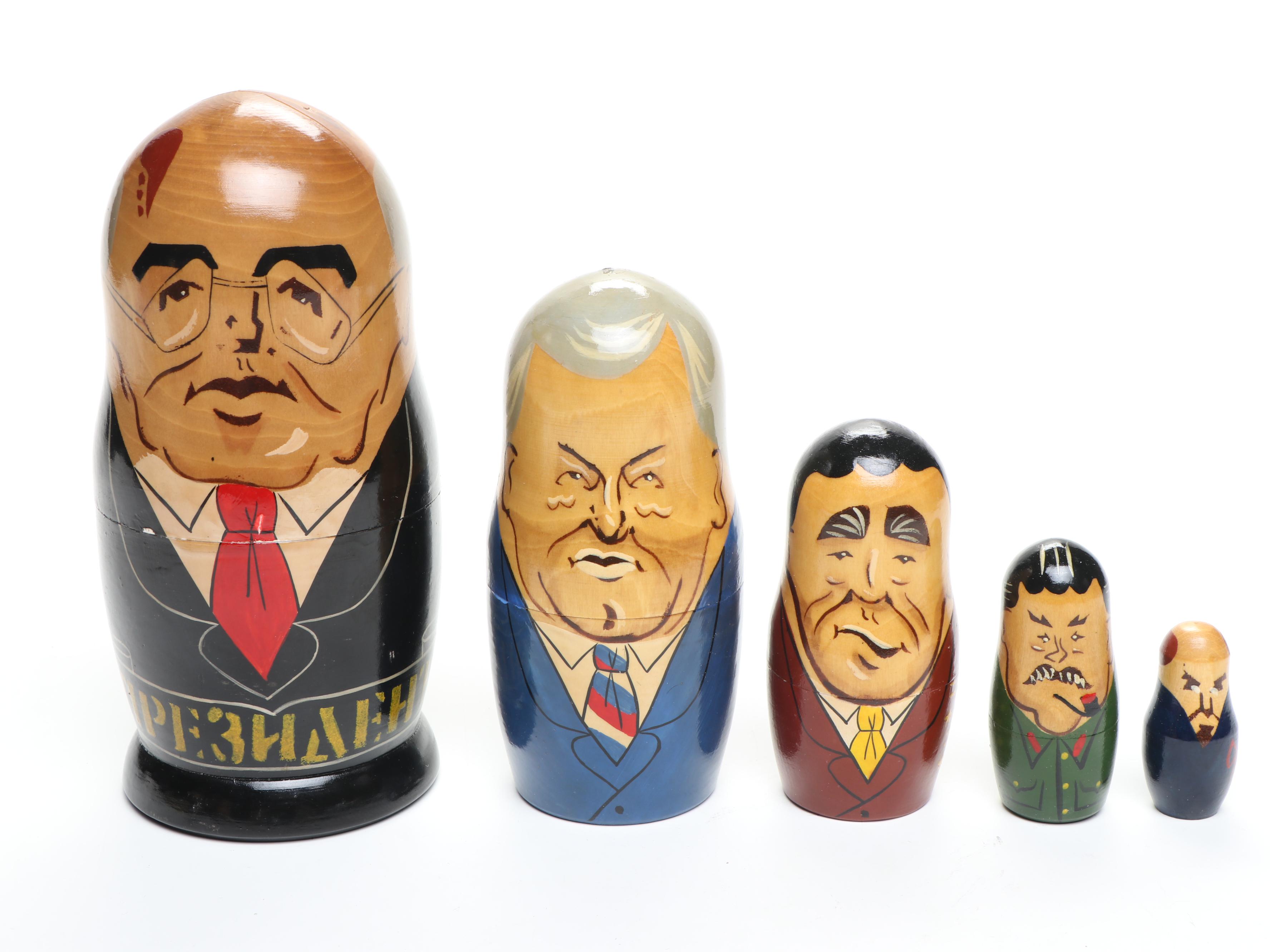 Russian Politician Wooden Matryoshka Dolls, Early 21st C.