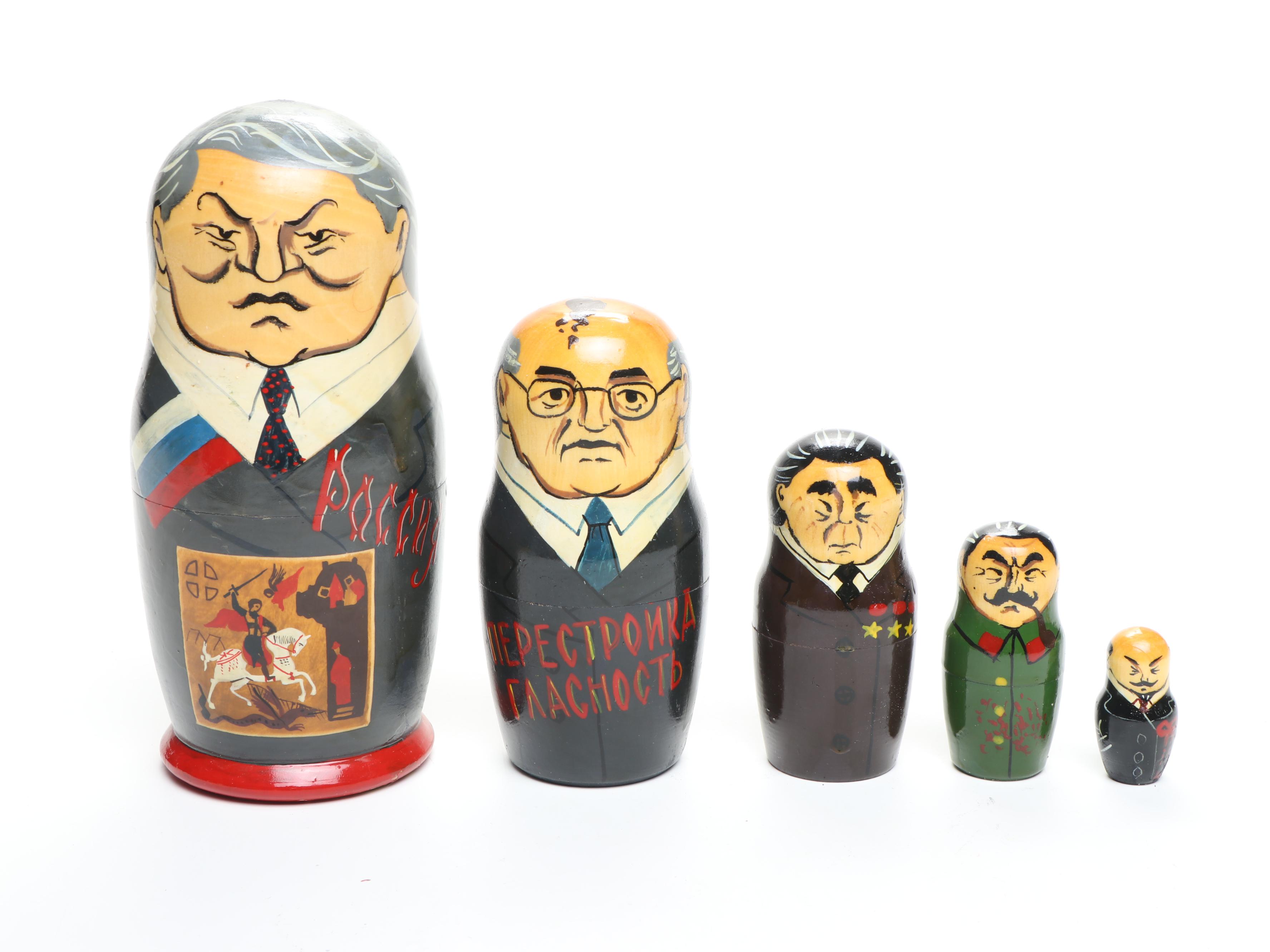 Russian Politician Wooden Matryoshka Dolls, Early 21st C.