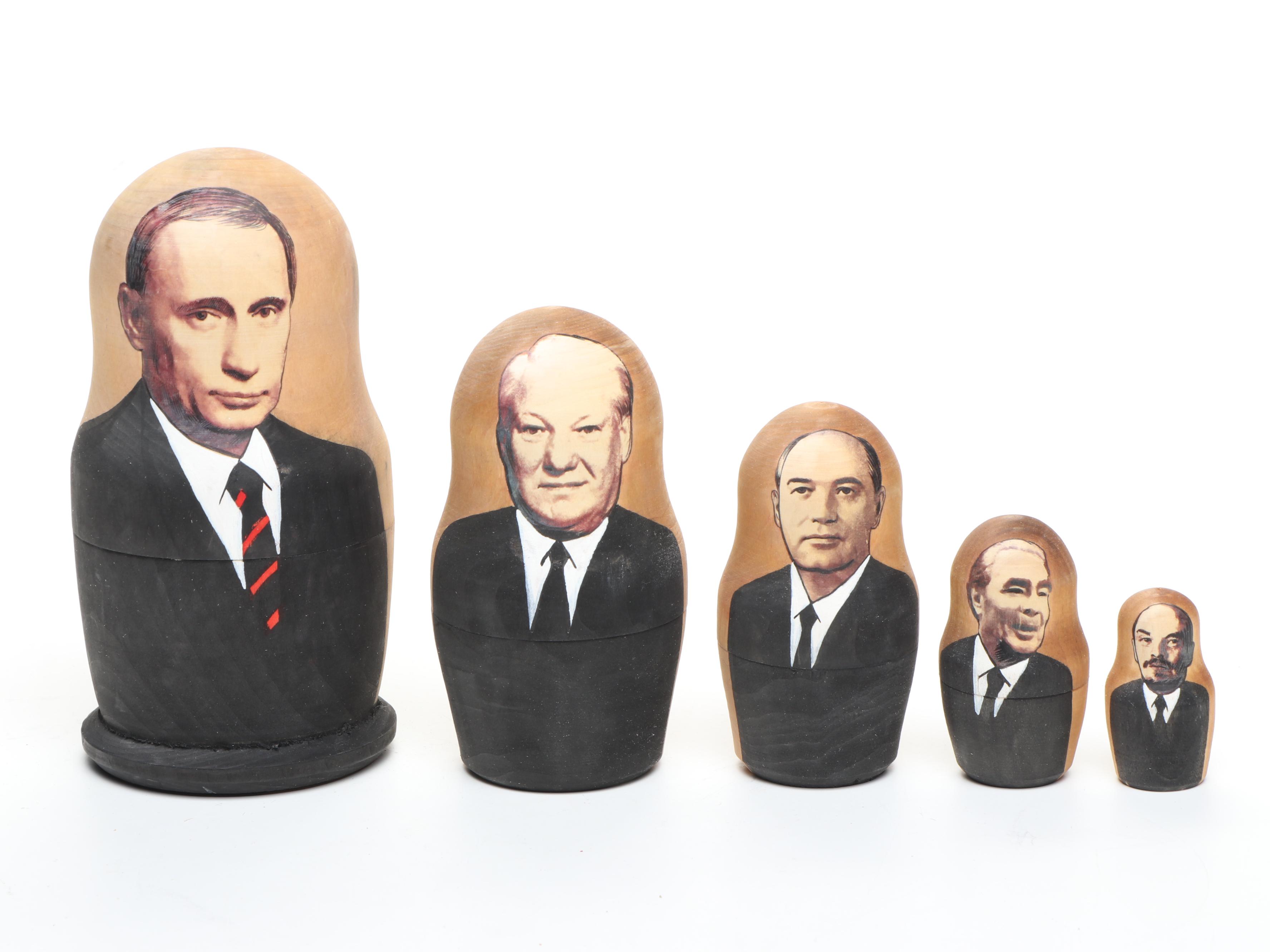 Russian Politician Wooden Matryoshka Dolls, Early 21st C.