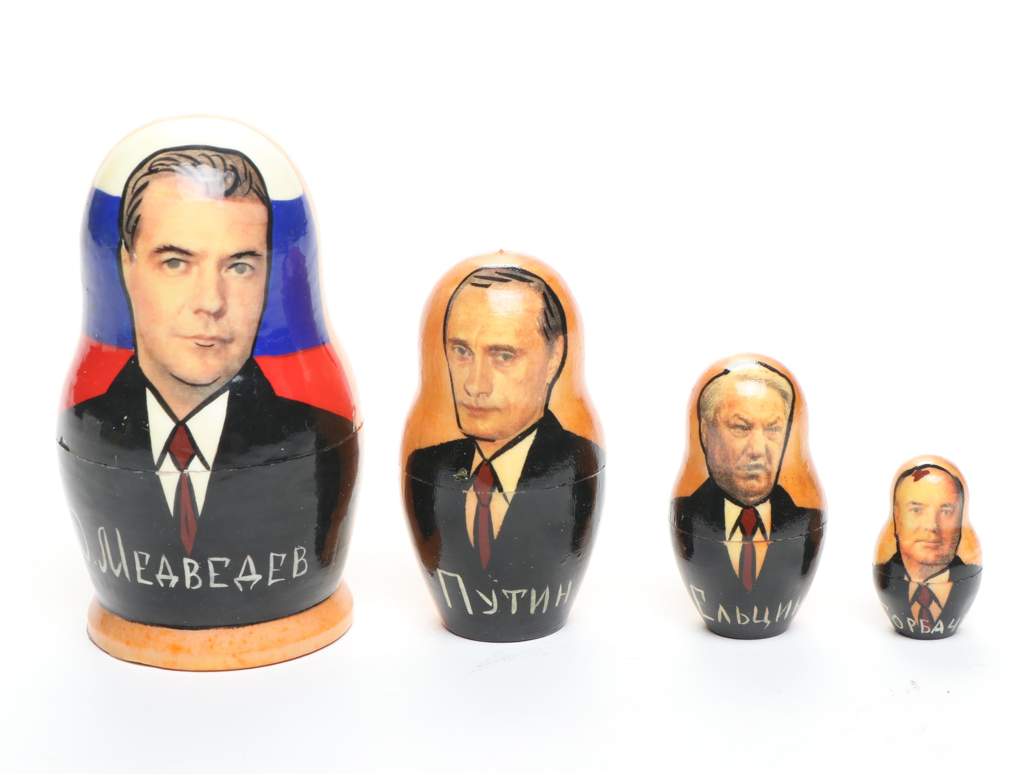 Russian Politician Wooden Matryoshka Dolls, Early 21st C.