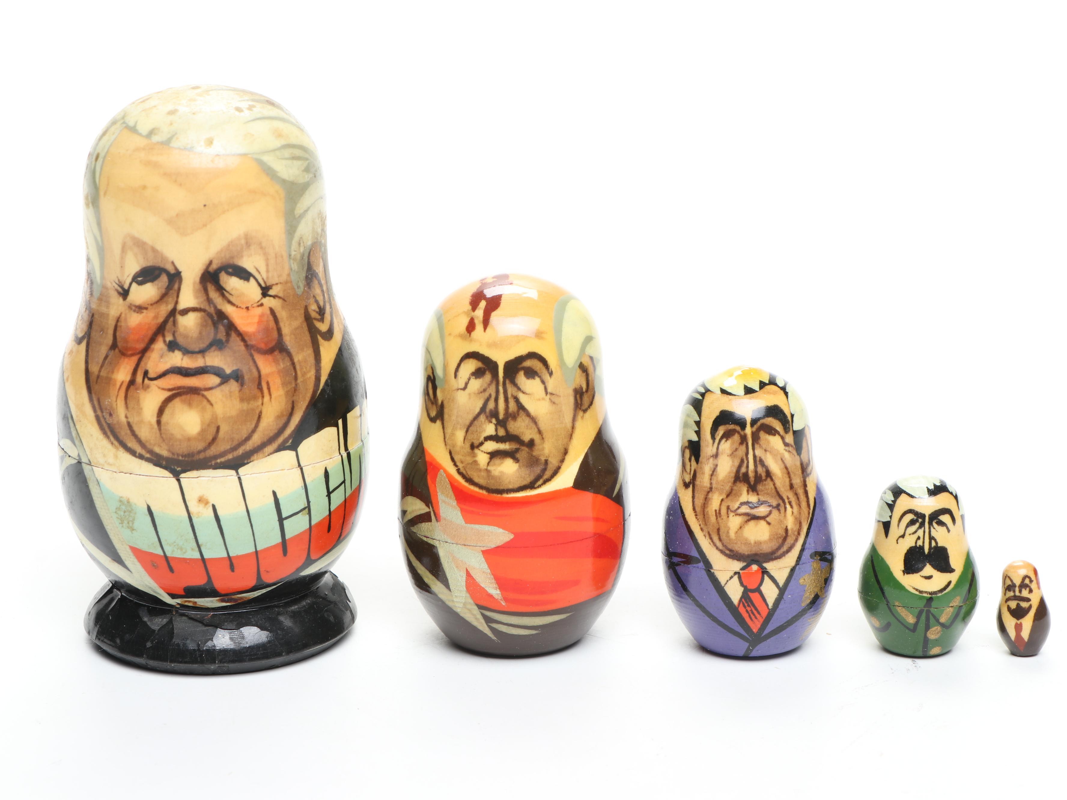 Russian Politician Wooden Matryoshka Dolls, Early 21st C.