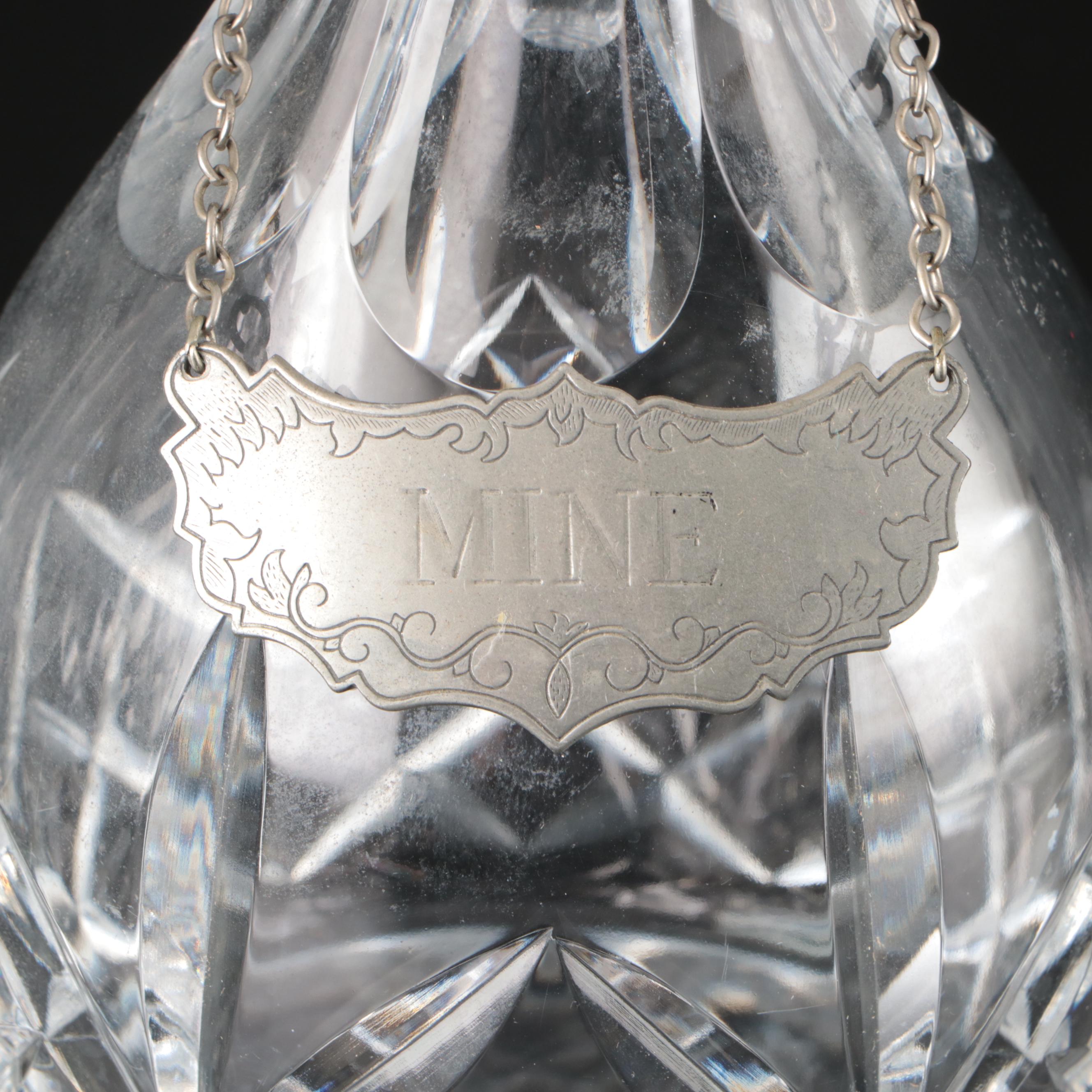 Cut Glass Decanters with Pewter "Mine" Tag