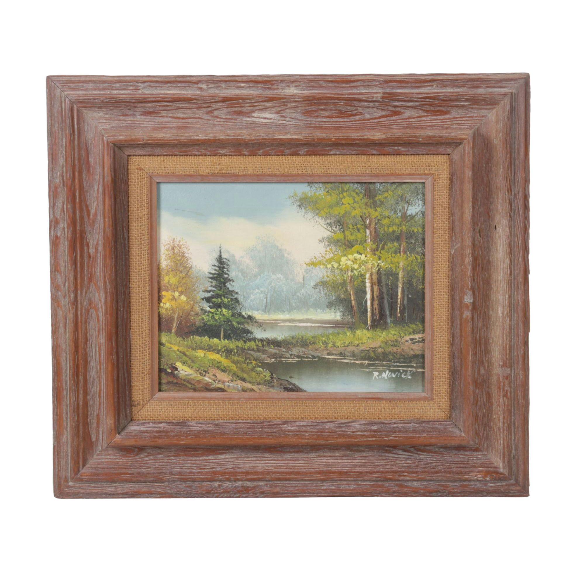 R. Novick Impressionist Lake Landscape Oil Painting, Mid to Late 20th Century