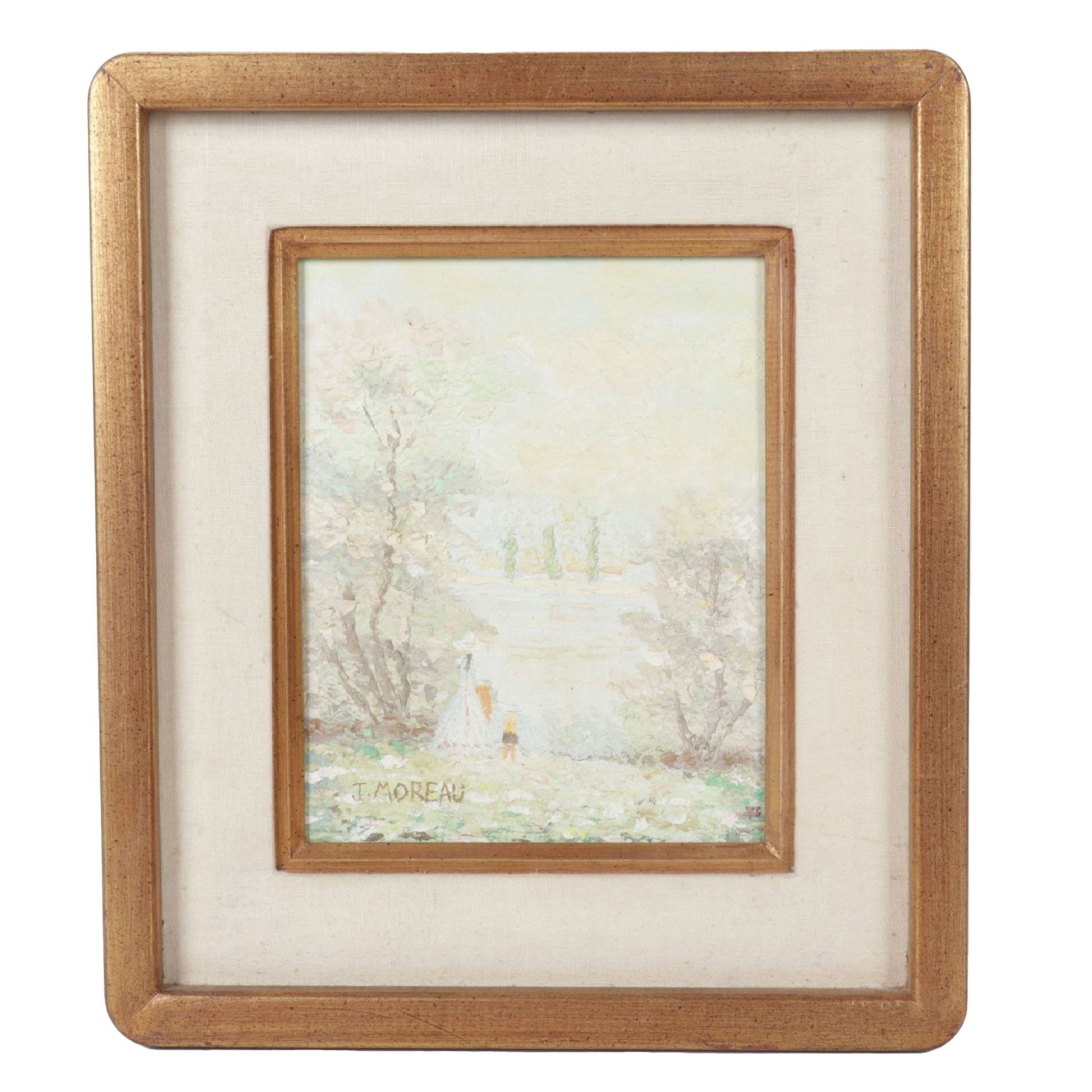 J. Moreau Pastel Impressionist Oil Painting of Two Figures Near a Shrouded Lake