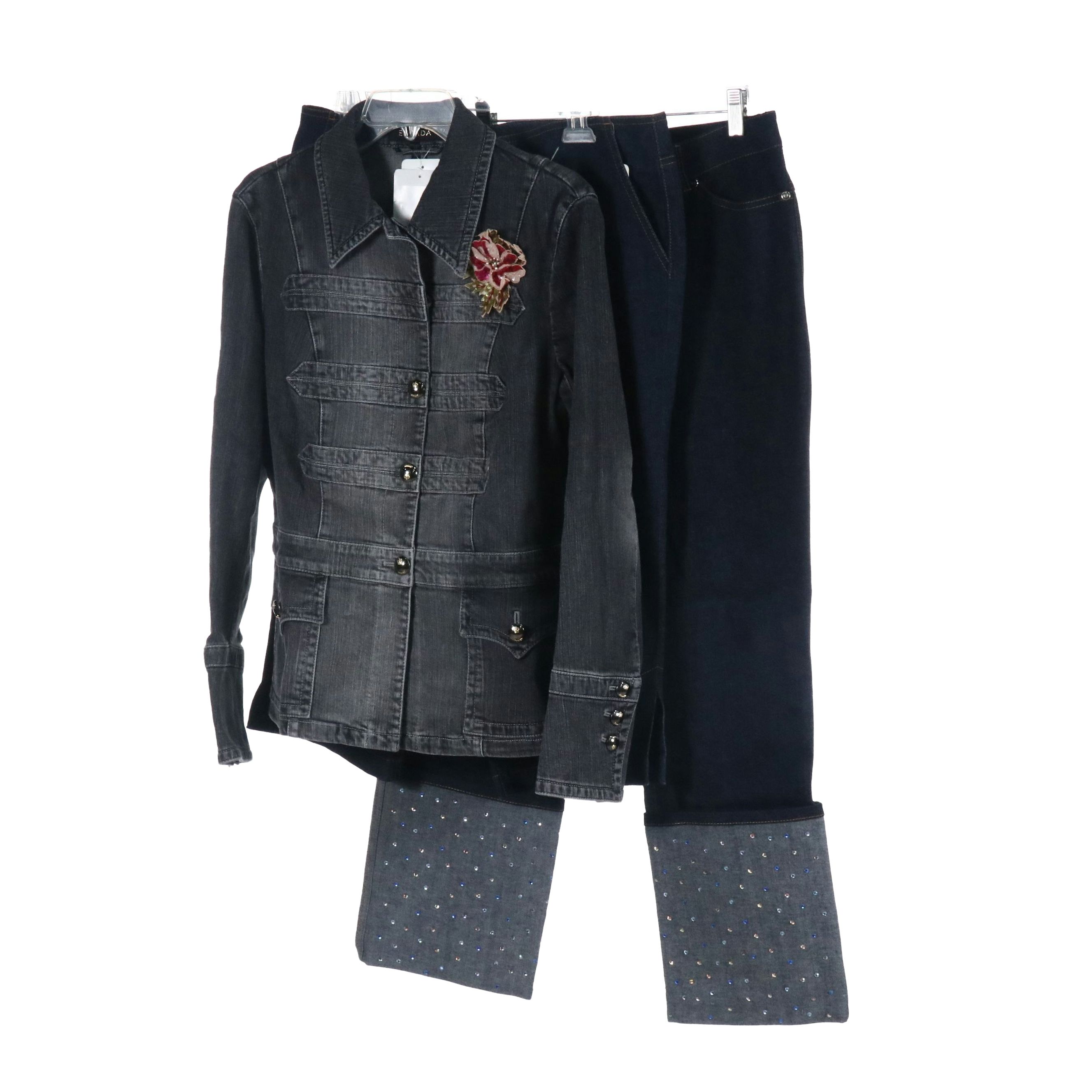 Escada Embellished Jean and Capri with Military Style Jacket with Tags