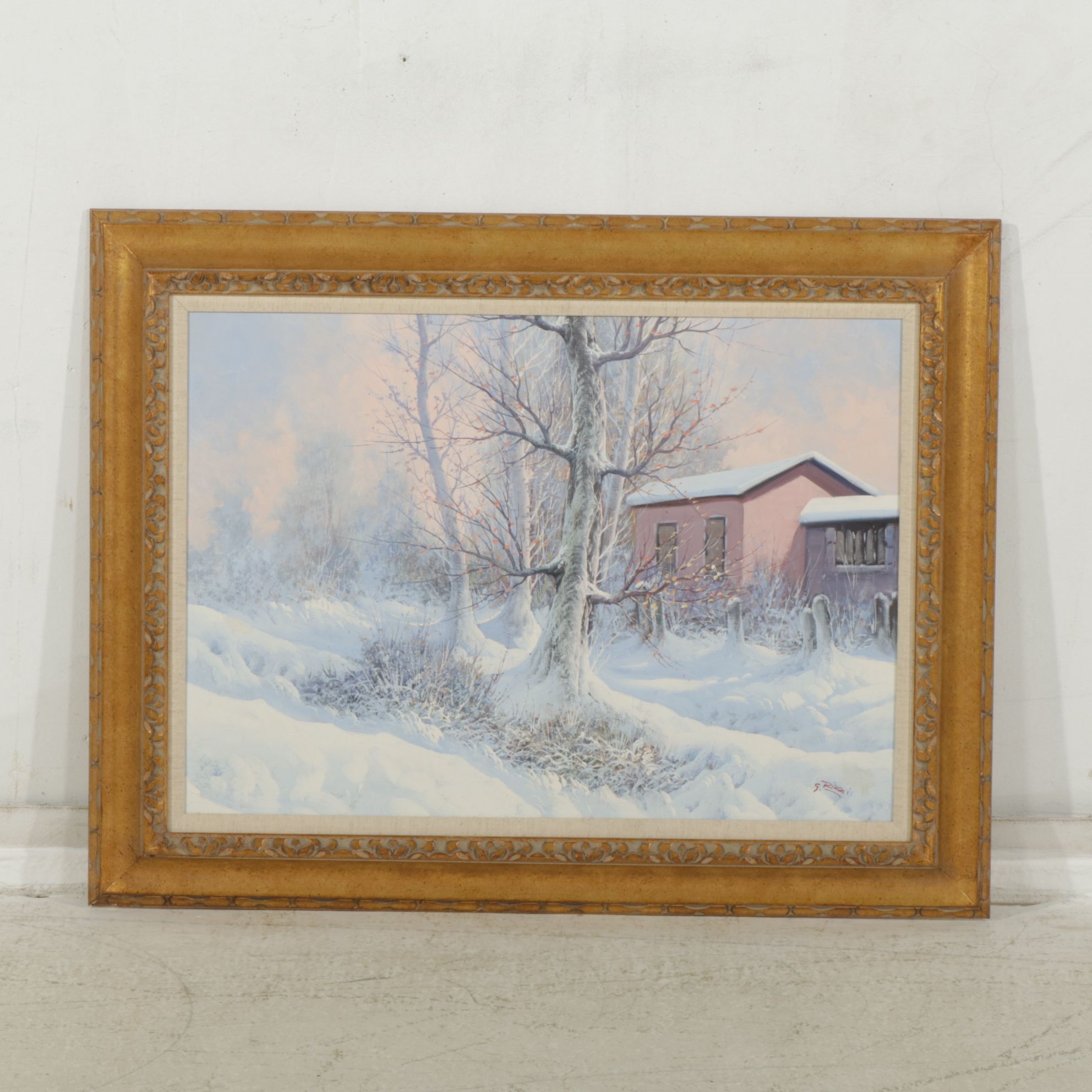 G. Rizzi Winter Landscape Oil Painting Featuring Barren Trees