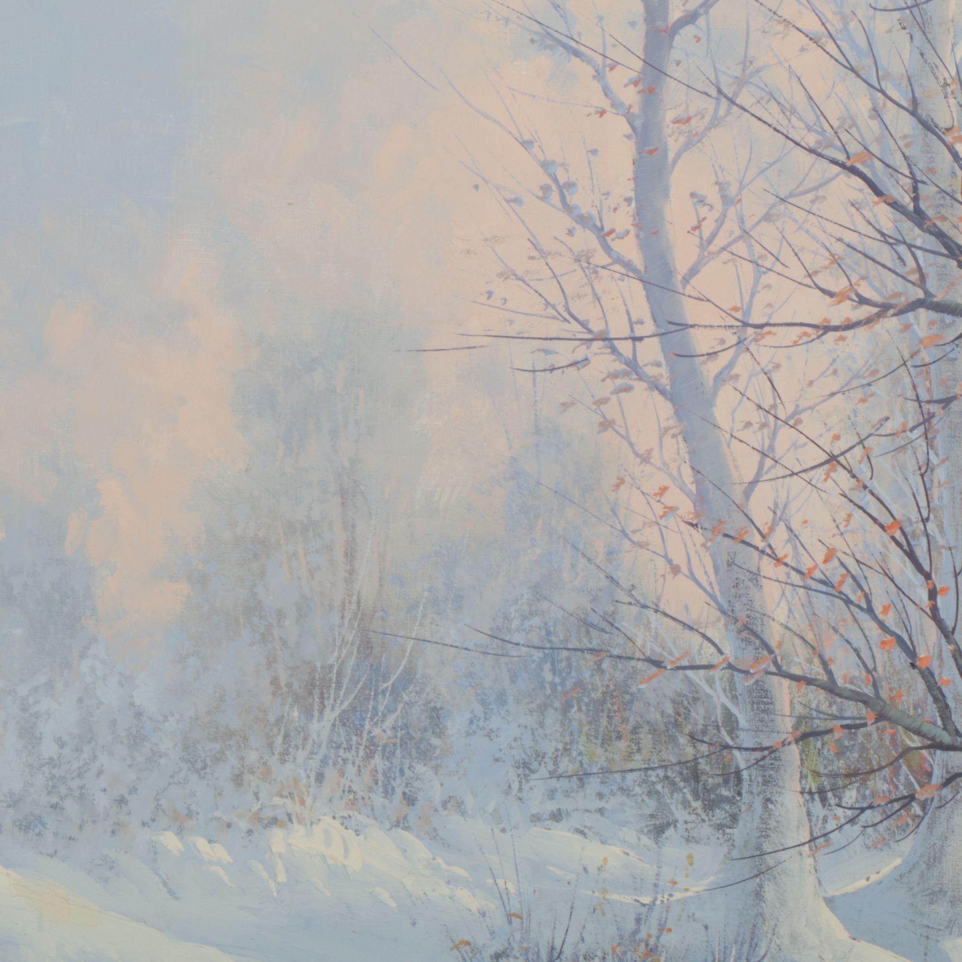 G. Rizzi Winter Landscape Oil Painting Featuring Barren Trees