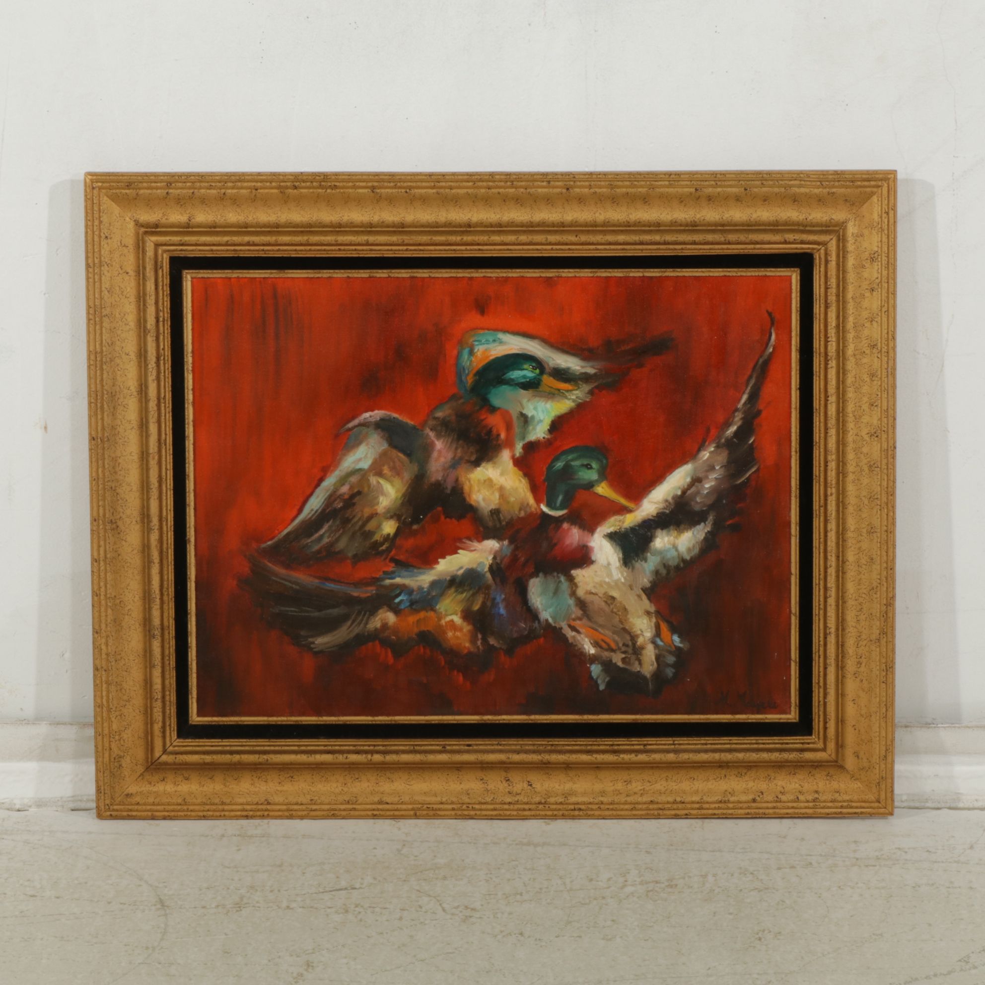 M. Mayers Oil Painting of Wood Ducks in Flight, Mid to Late 20th Century