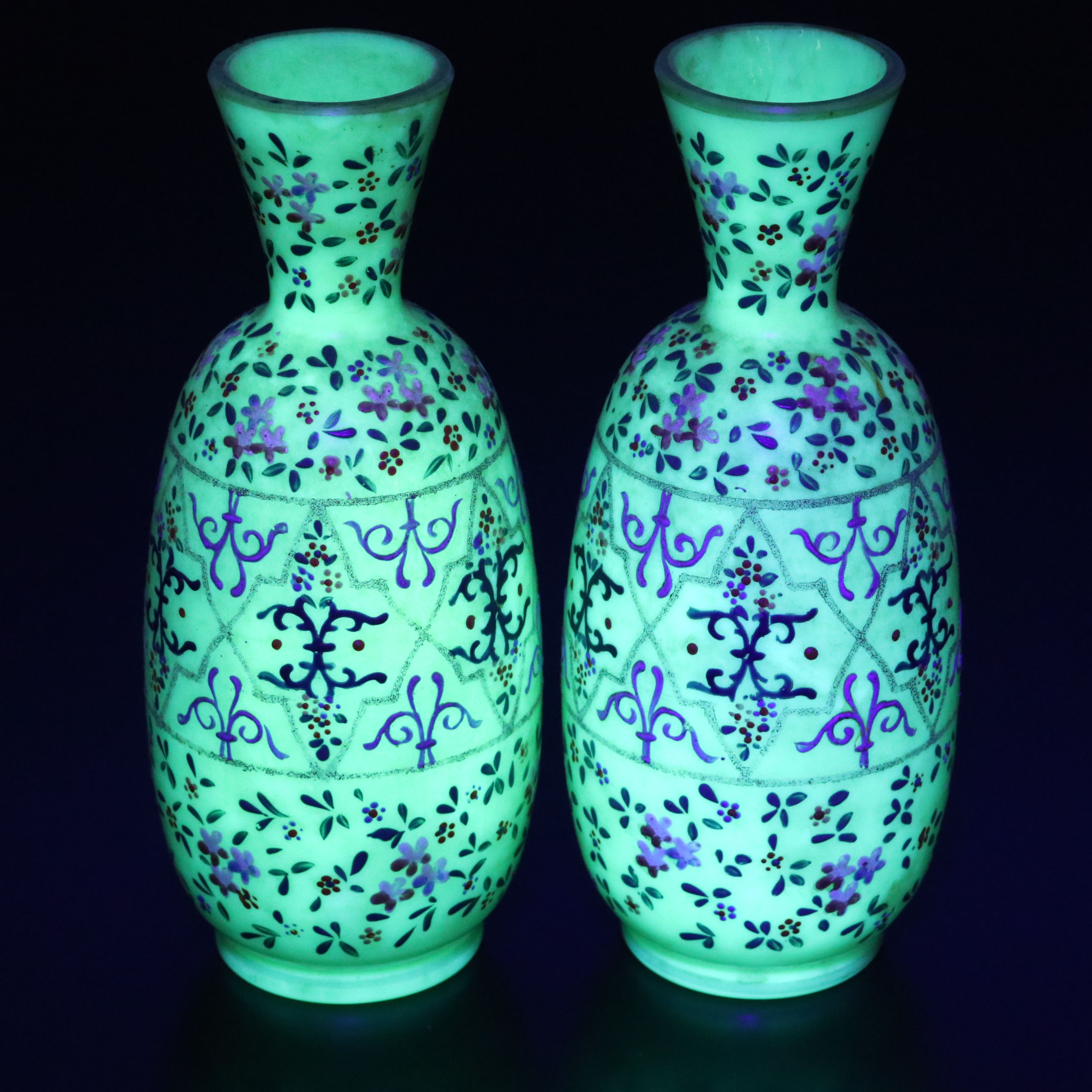 Thomas Webb Moroccan Tapestry Uranium Glass Vases