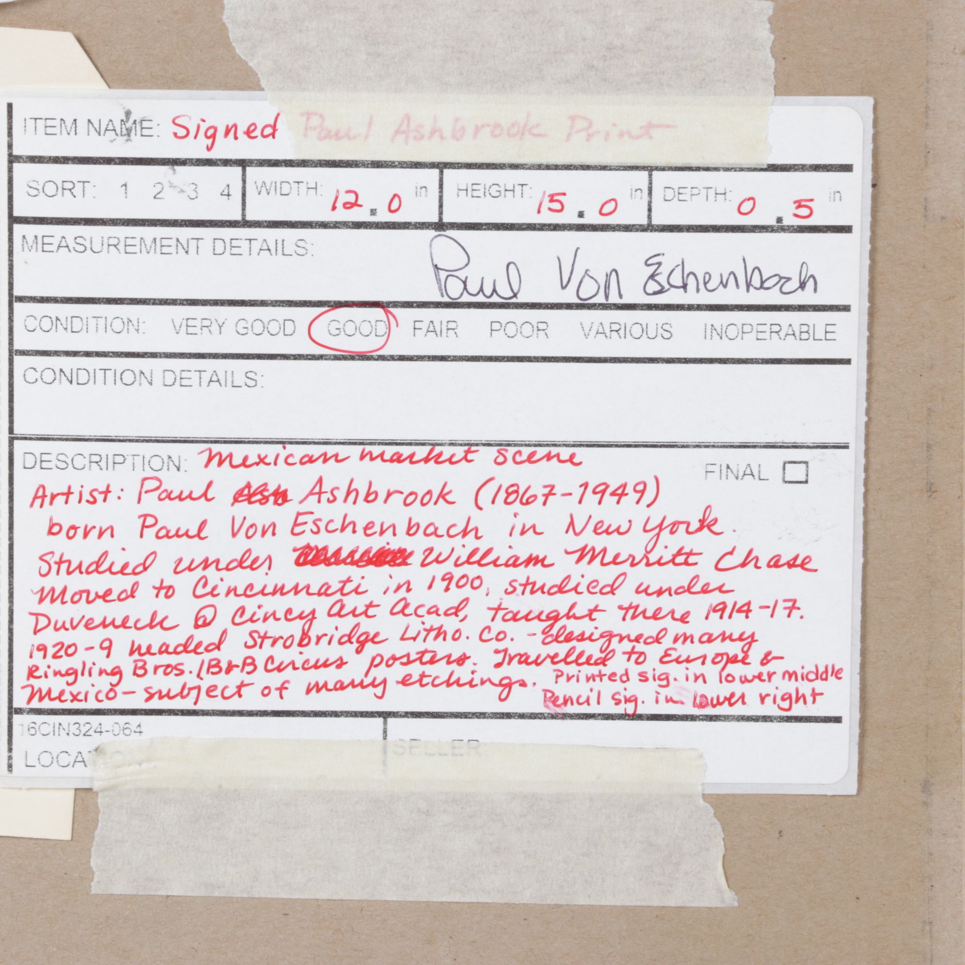 Paul Ashbrook Etching  "Mexican Market Scene," Early to Mid-20th Century