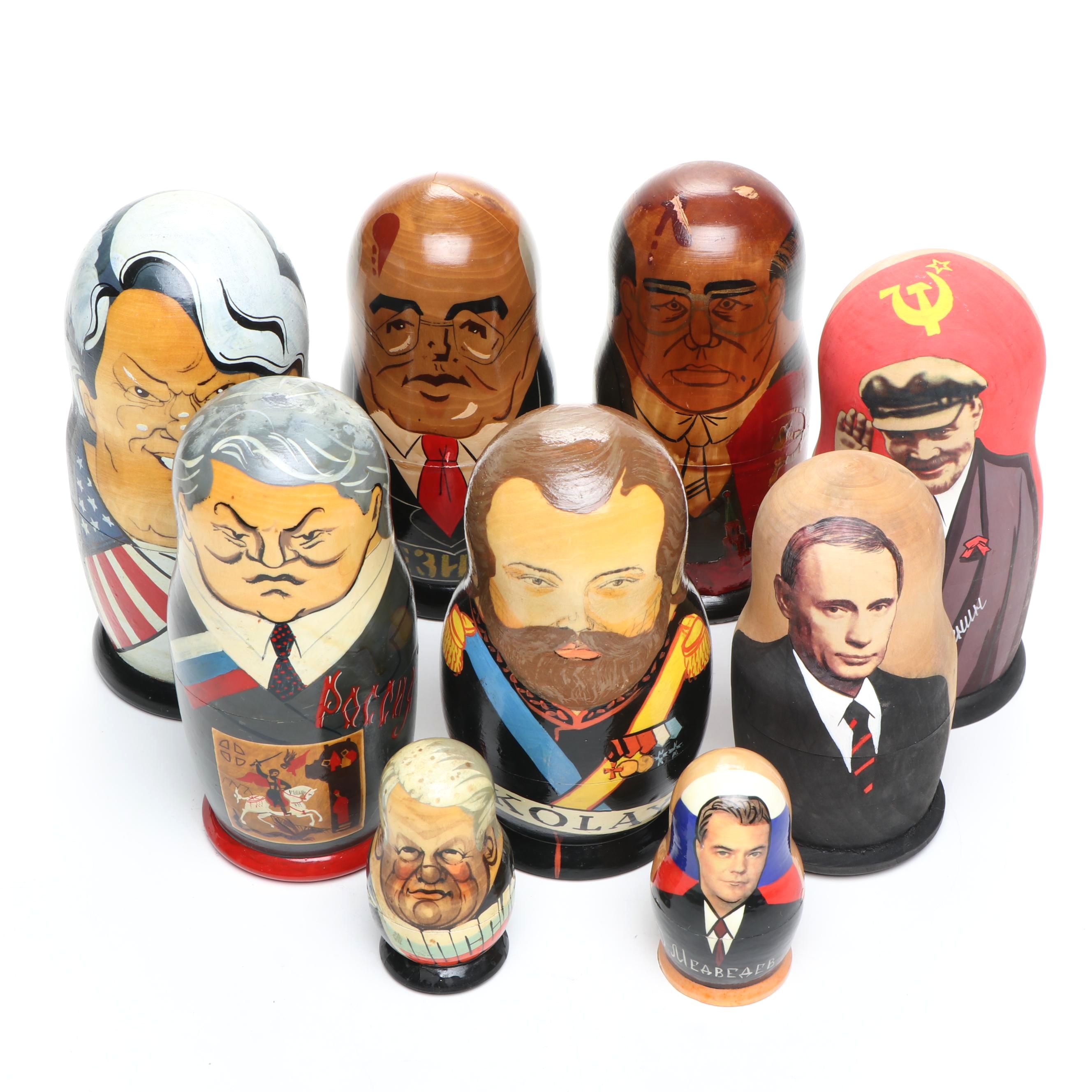 Russian Politician Wooden Matryoshka Dolls, Early 21st C.