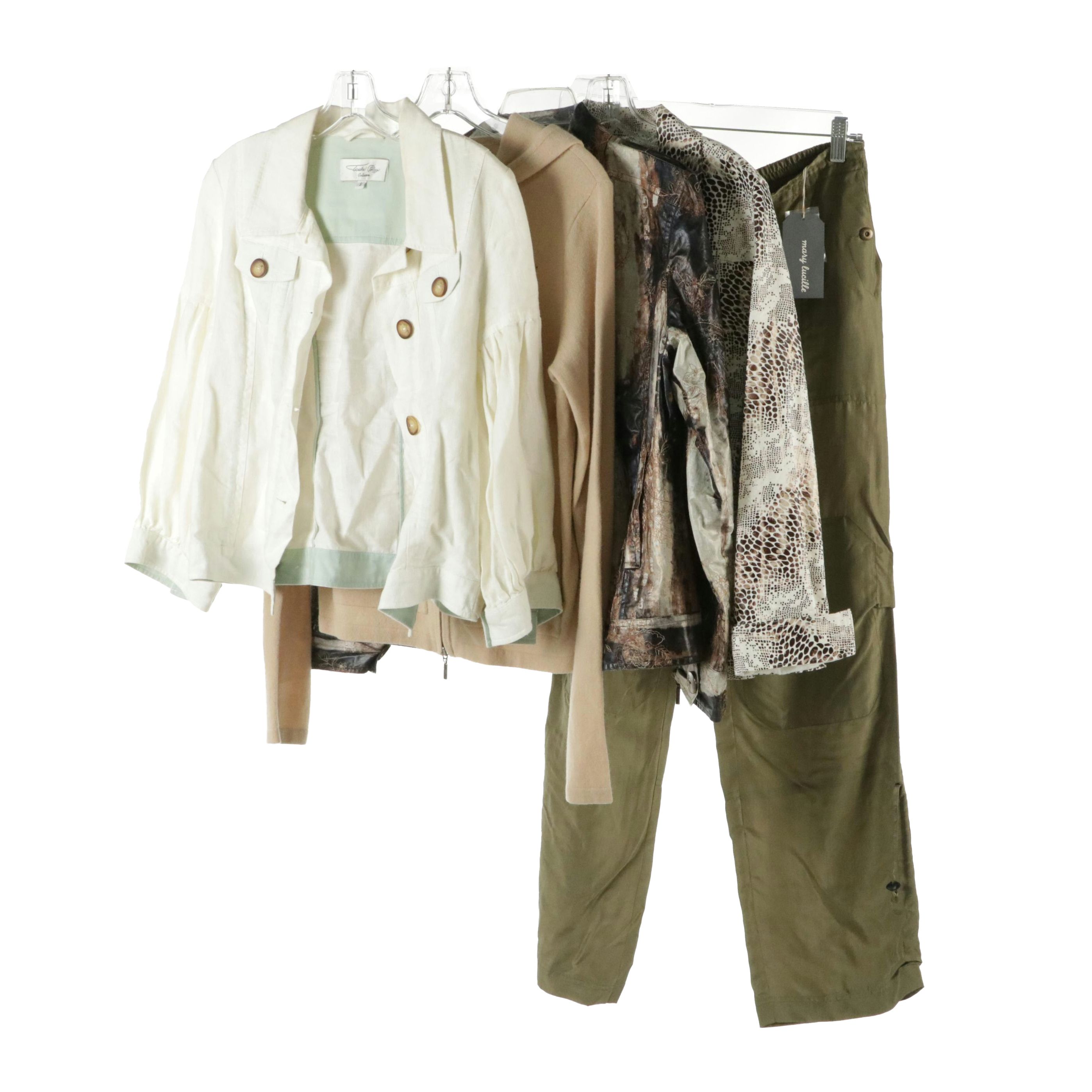 Mary Lucille Satin Pants, Magaschoni Cashmere Zip Sweater, Chico's Jackets, More