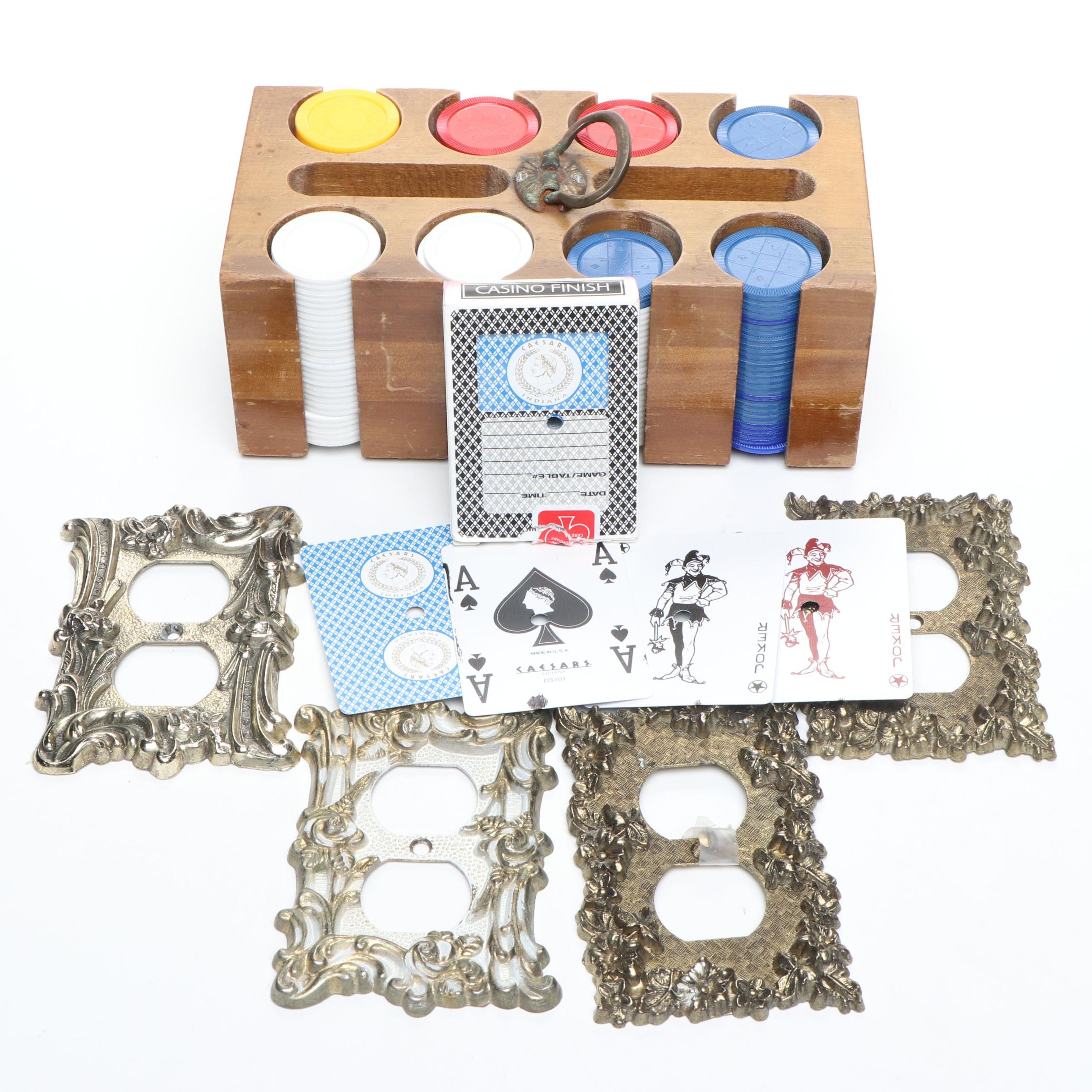 Acrylic Poker Chips with Walnut Caddy, Punched Caesar's Casino Cards, More