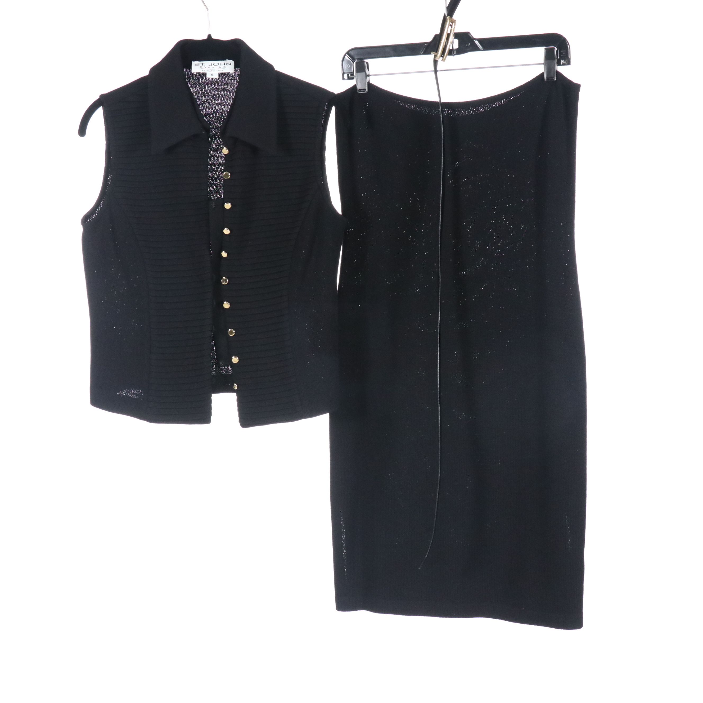 St. John Black Knit Vest and Belted Strapless Dress