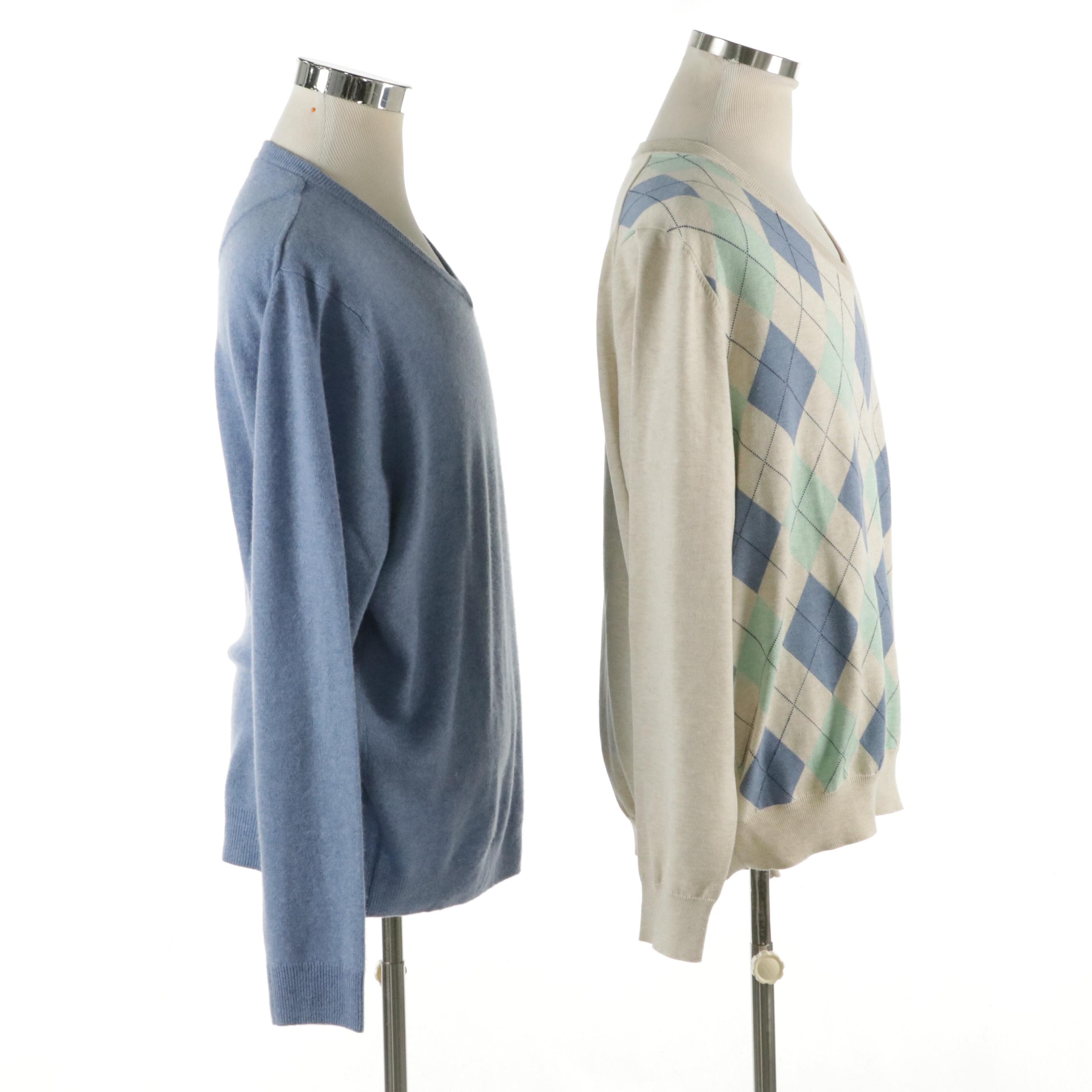 Men's Nordstrom Blue Cashmere and Brooks Brothers Argyle Pattern V-Neck Sweaters