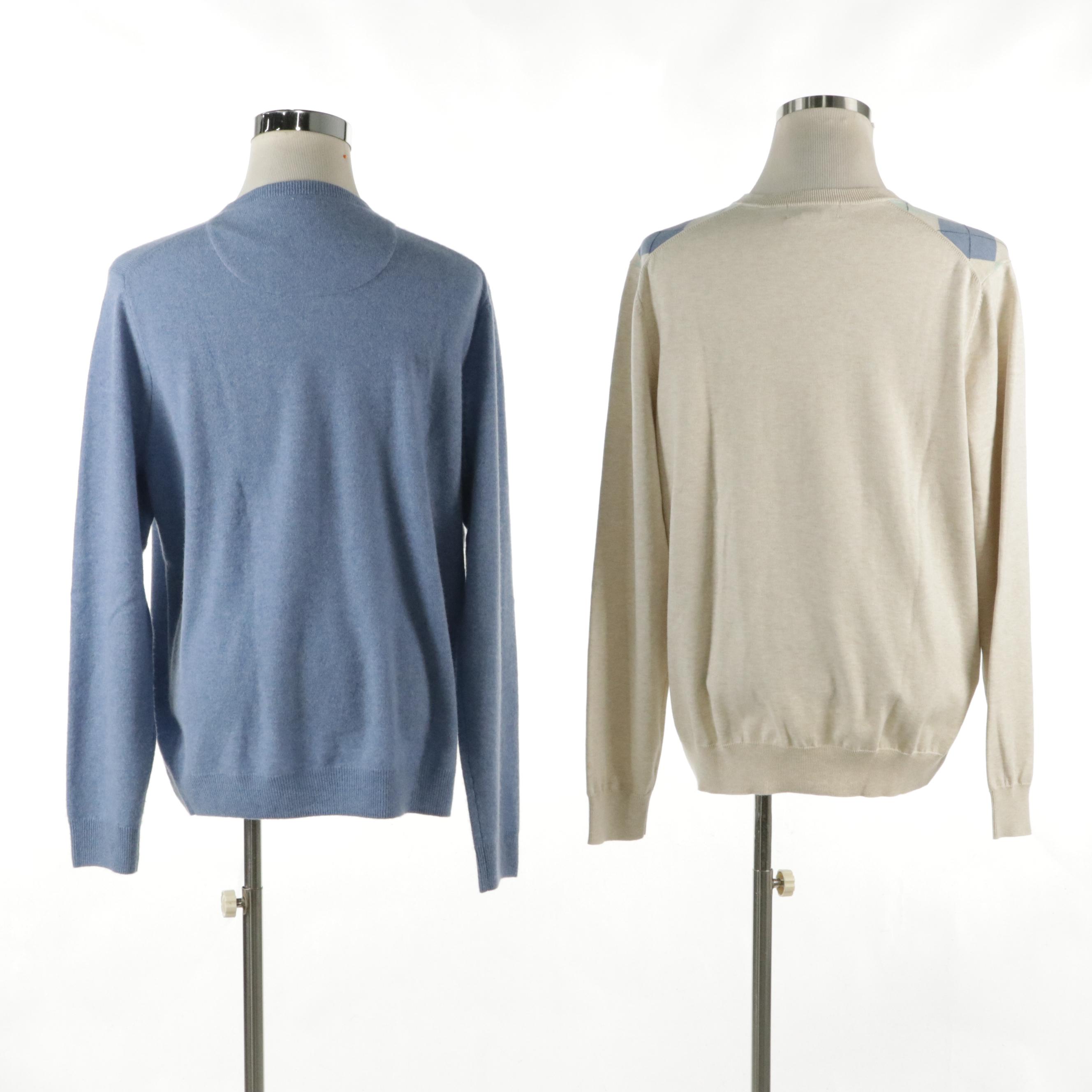 Men's Nordstrom Blue Cashmere and Brooks Brothers Argyle Pattern V-Neck Sweaters
