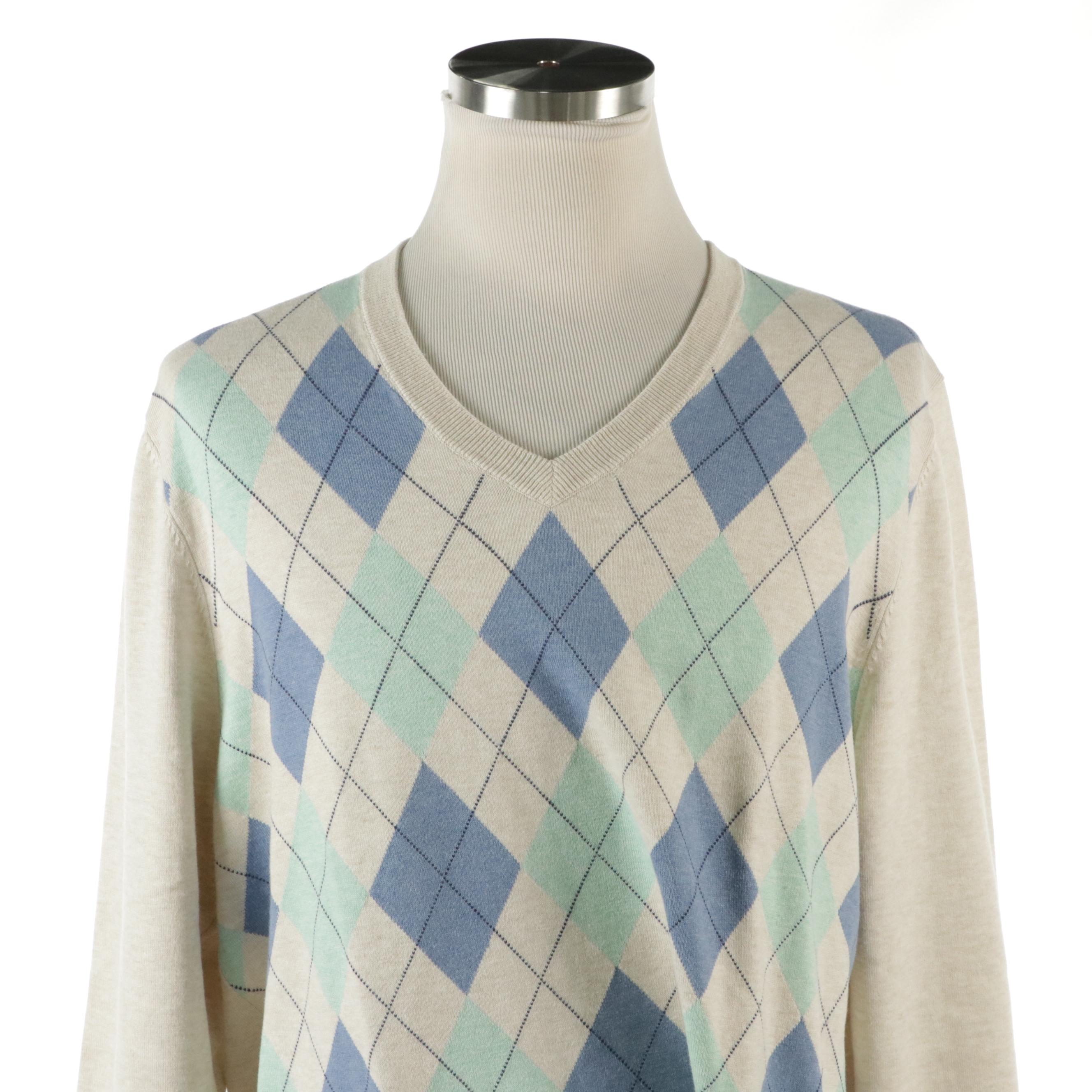 Men's Nordstrom Blue Cashmere and Brooks Brothers Argyle Pattern V-Neck Sweaters