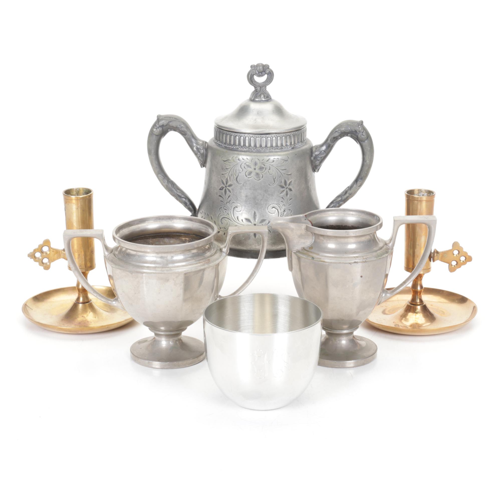 Pewter Sugar & Creamer, Copper Candlesticks, and More
