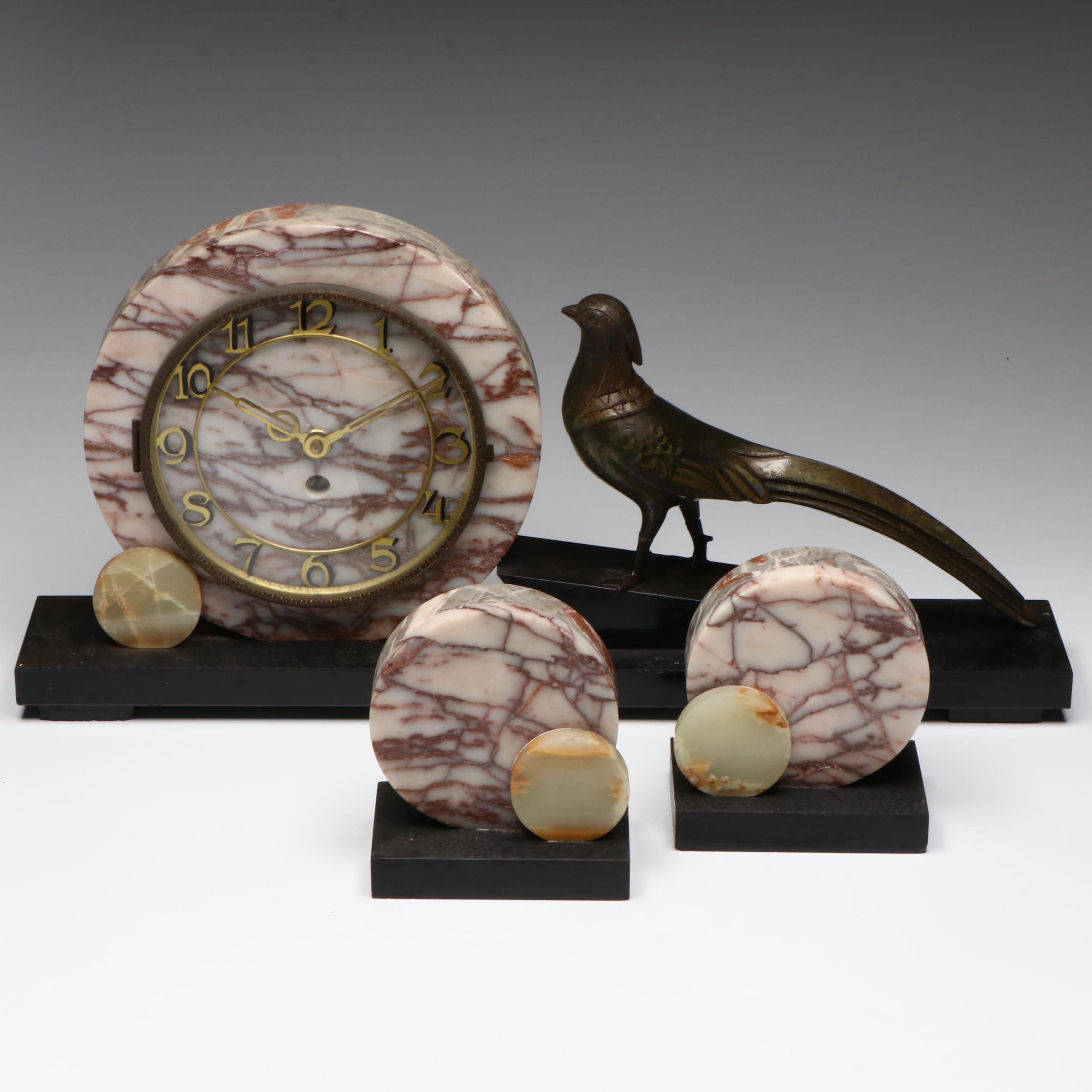 Art Deco Marble Desk Clock with Patinated Stylized Pheasant Garniture