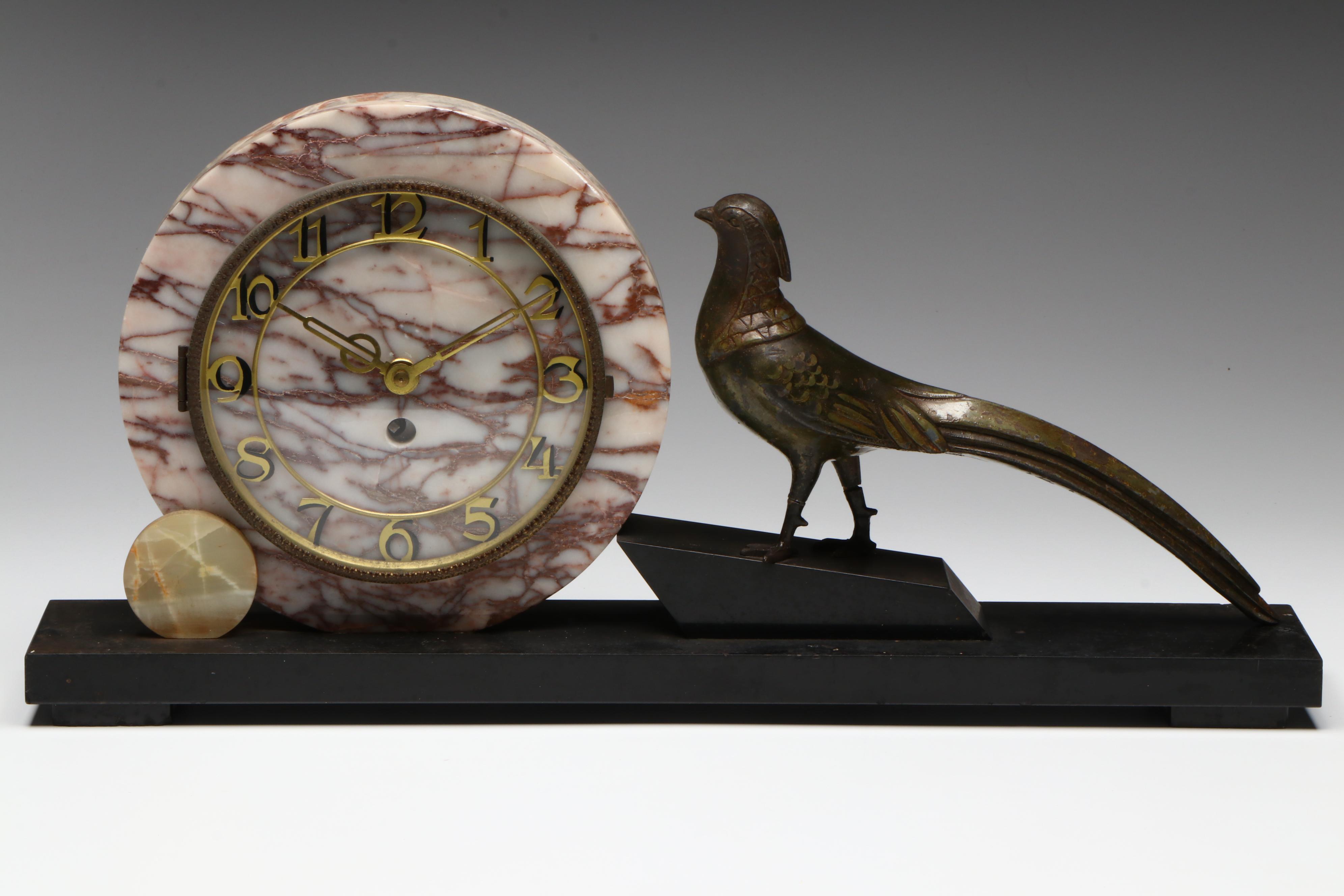 Art Deco Marble Desk Clock with Patinated Stylized Pheasant Garniture
