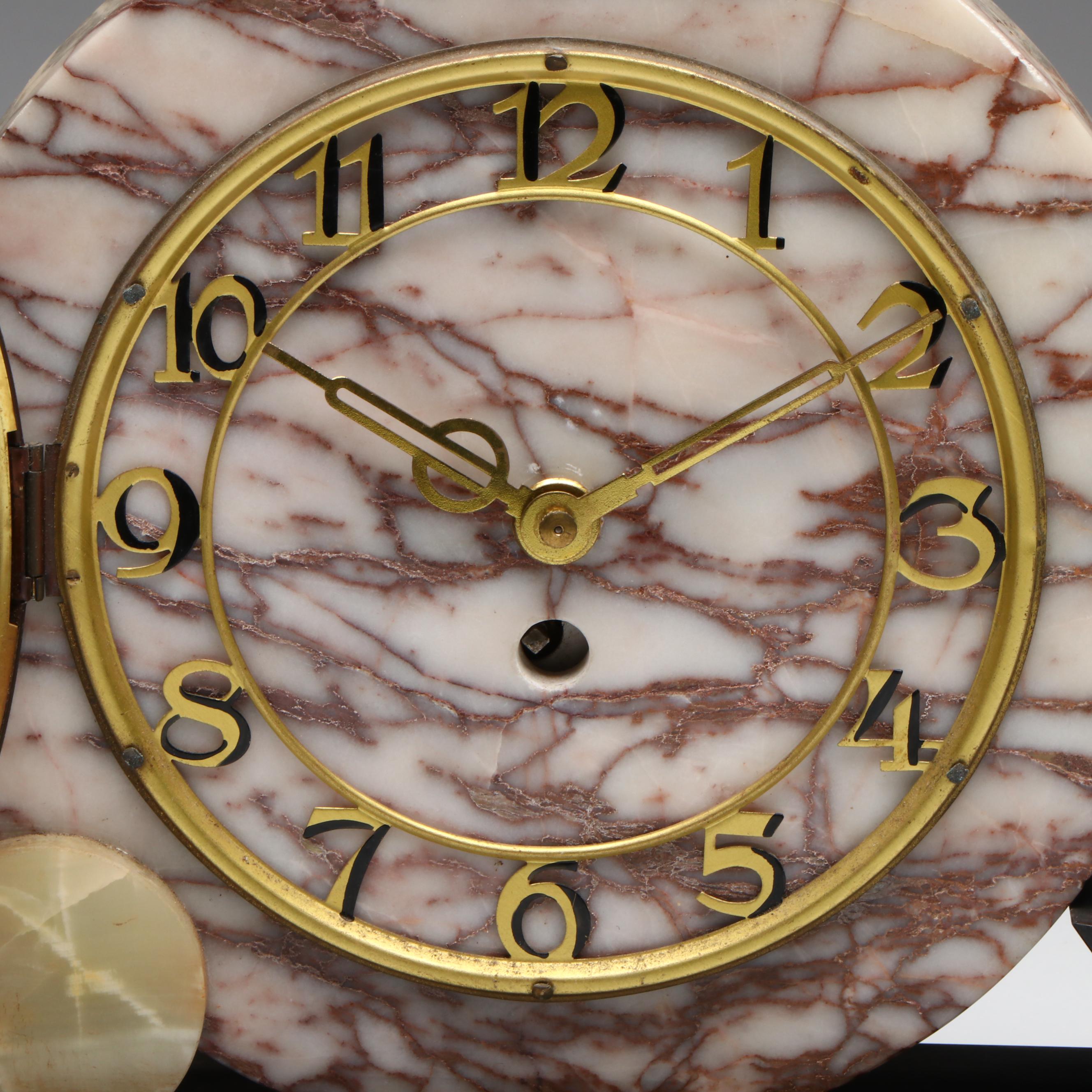 Art Deco Marble Desk Clock with Patinated Stylized Pheasant Garniture
