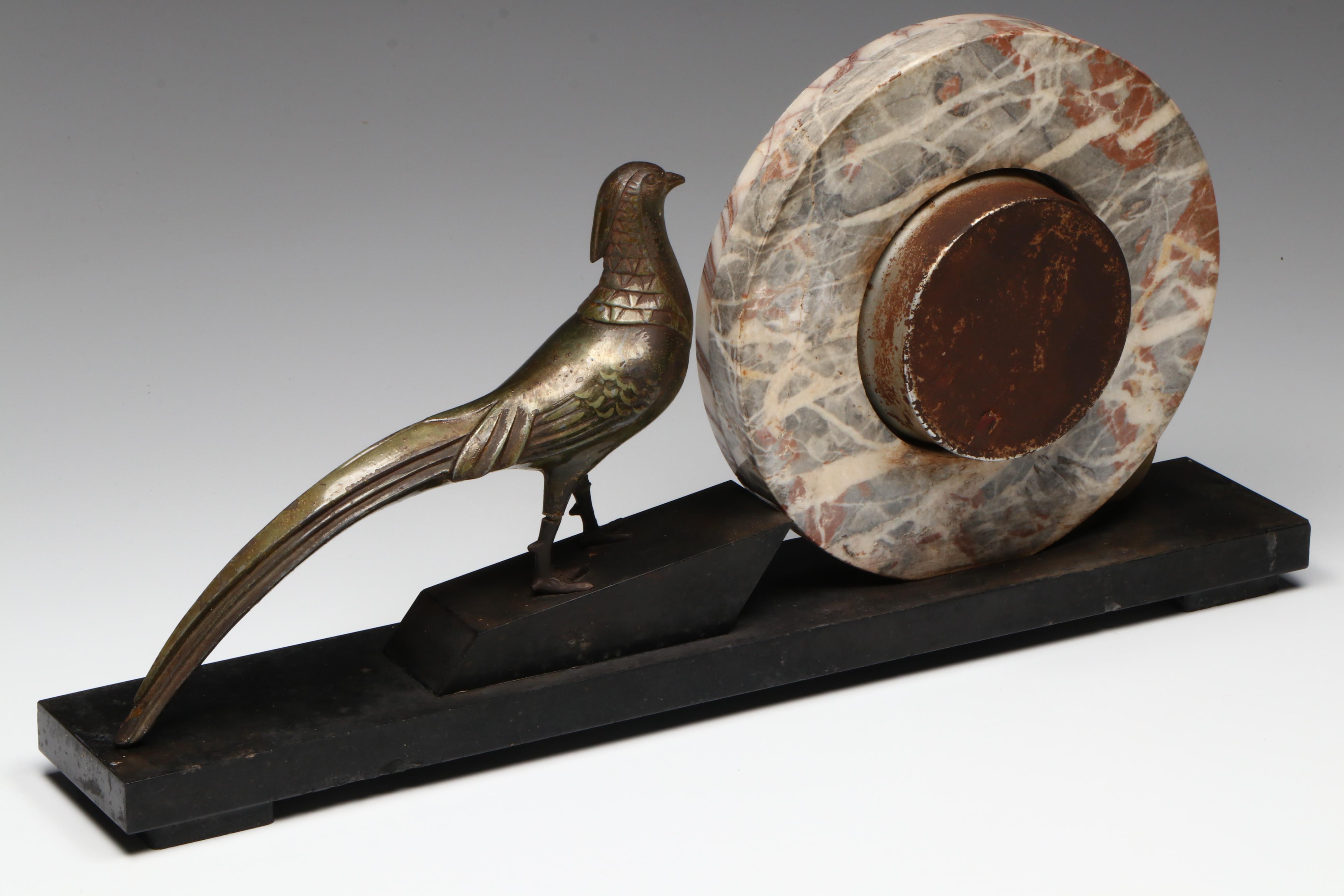 Art Deco Marble Desk Clock with Patinated Stylized Pheasant Garniture